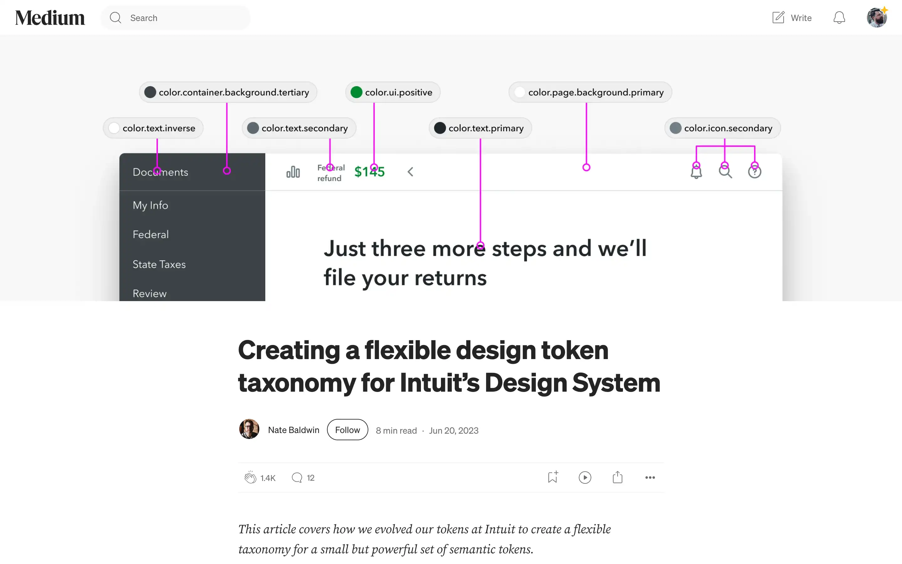 Design system article on Medium with highlighted elements.