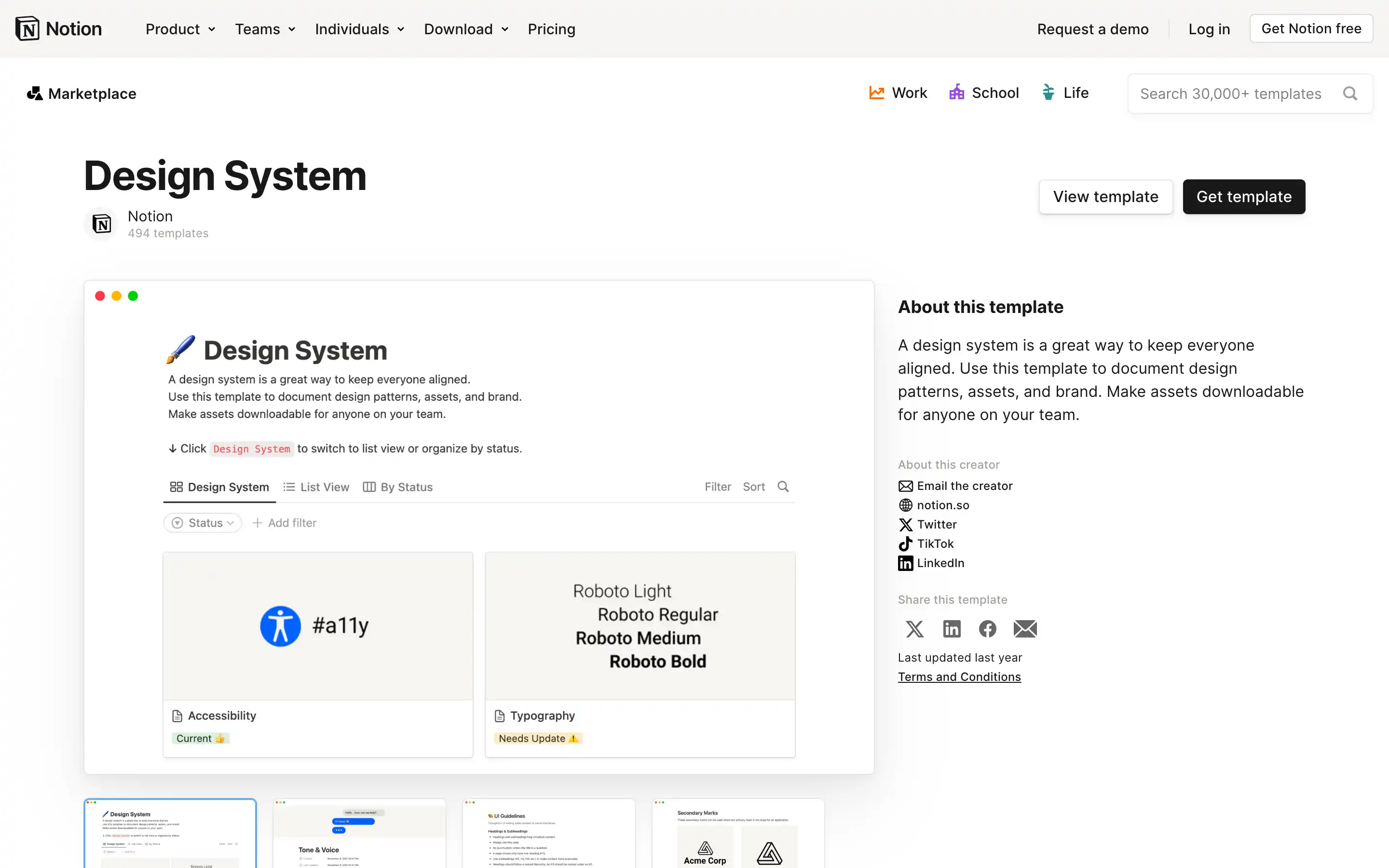 Notion design system template page overview