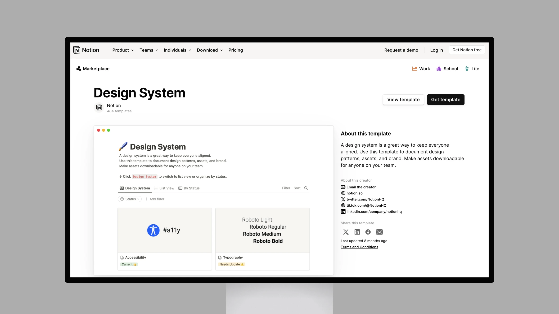 Notion Design System template interface displayed on screen.