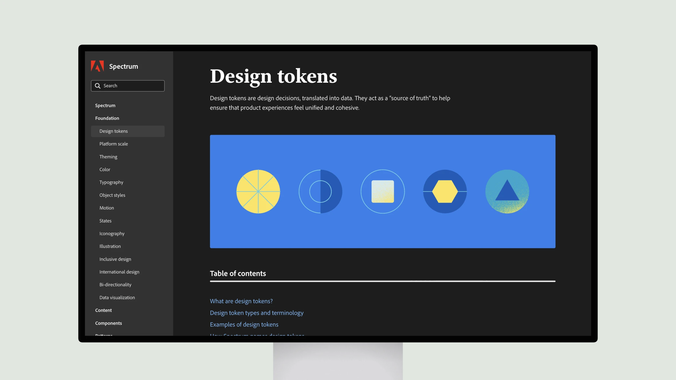 Website displaying design tokens interface