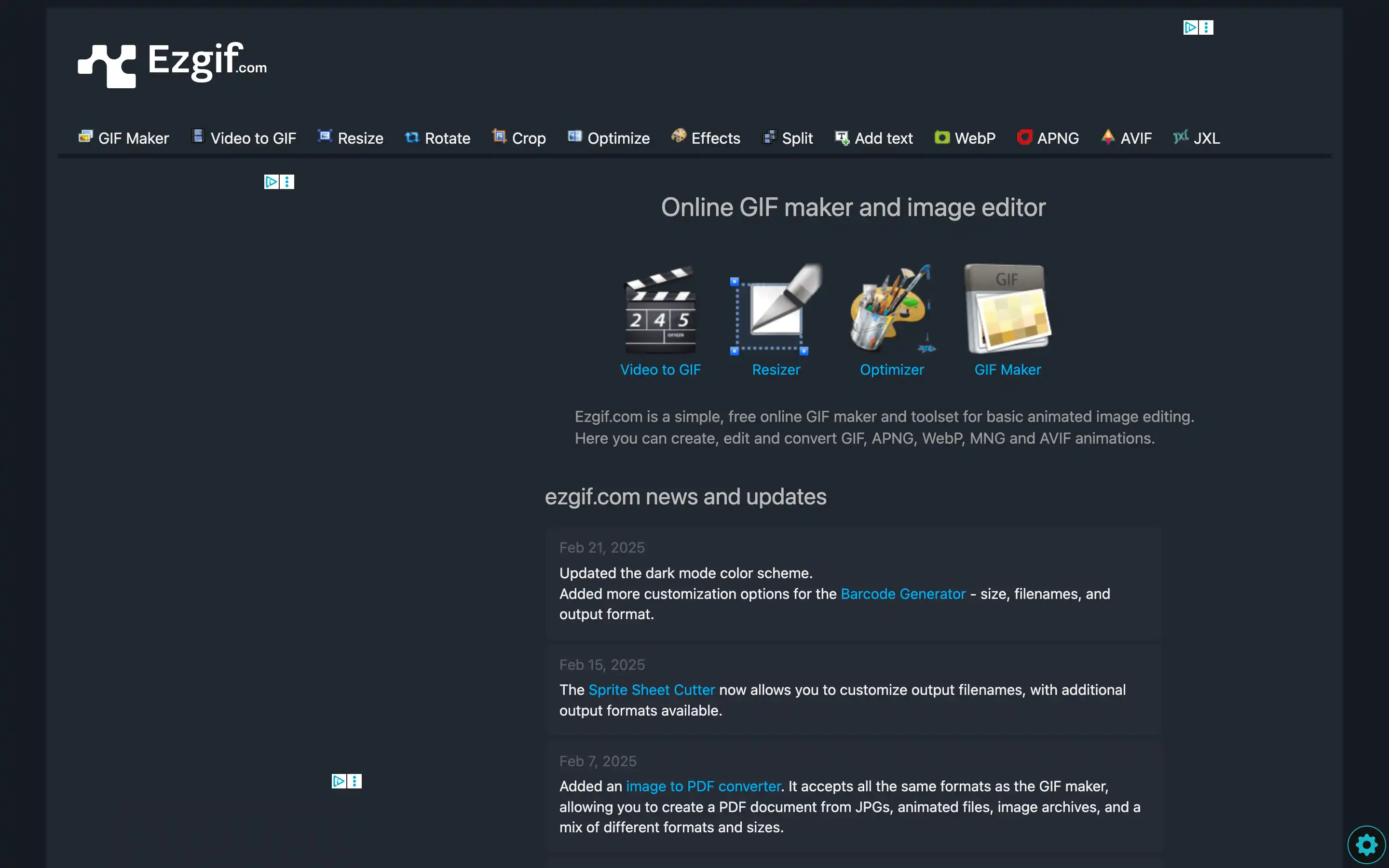 Ezgif homepage displaying GIF editing tools and news