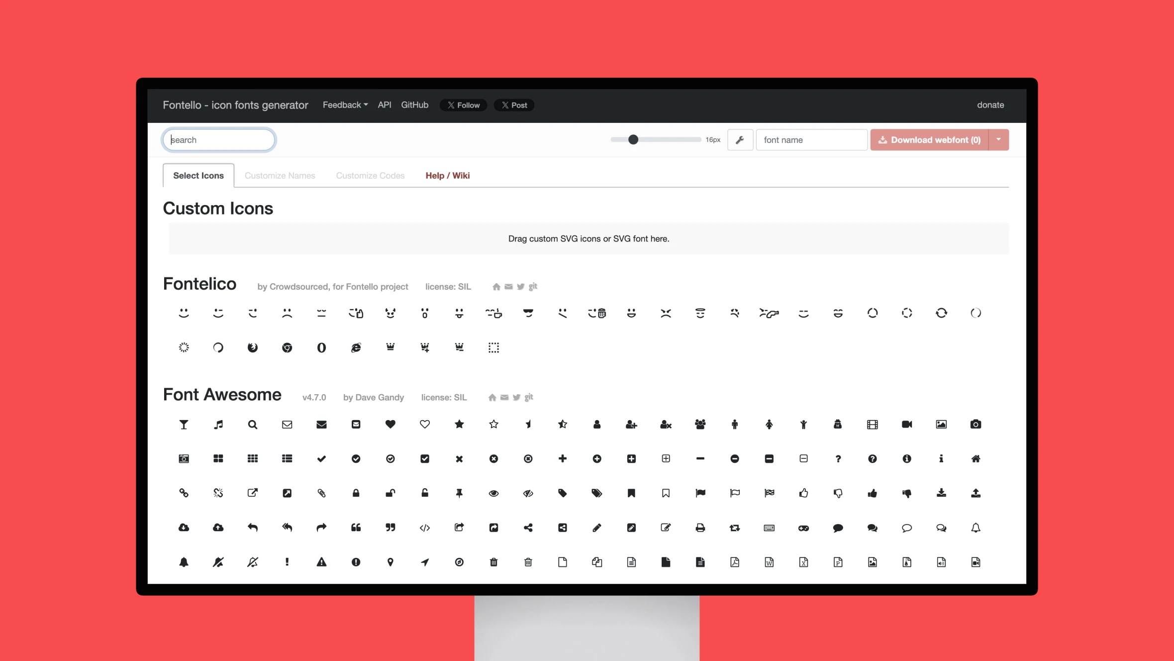 Fontello website displaying various customizable icon fonts