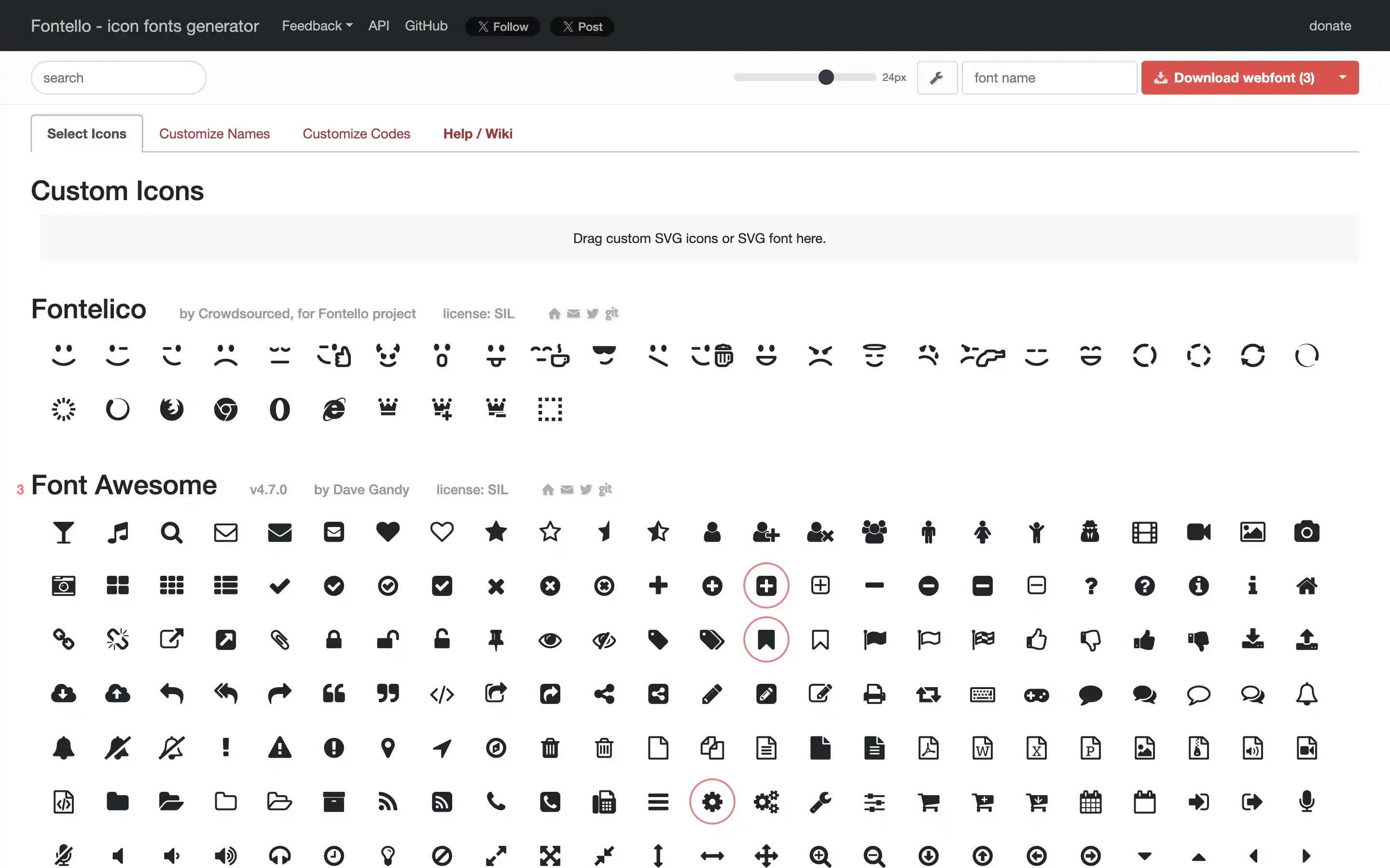 Icon fonts generator interface with various icons displayed.