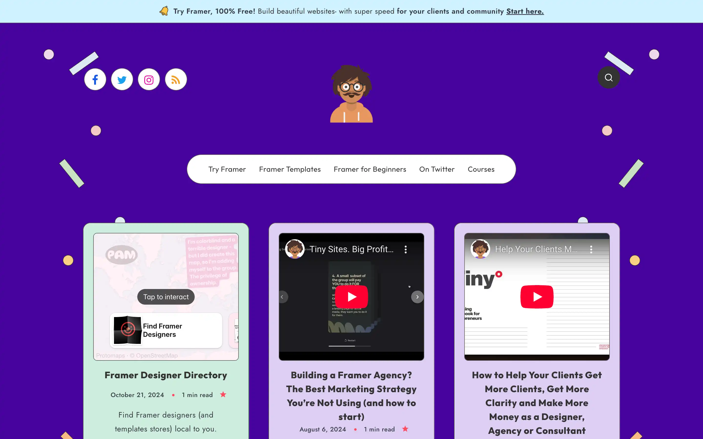 Framer website homepage with blog and video links.
