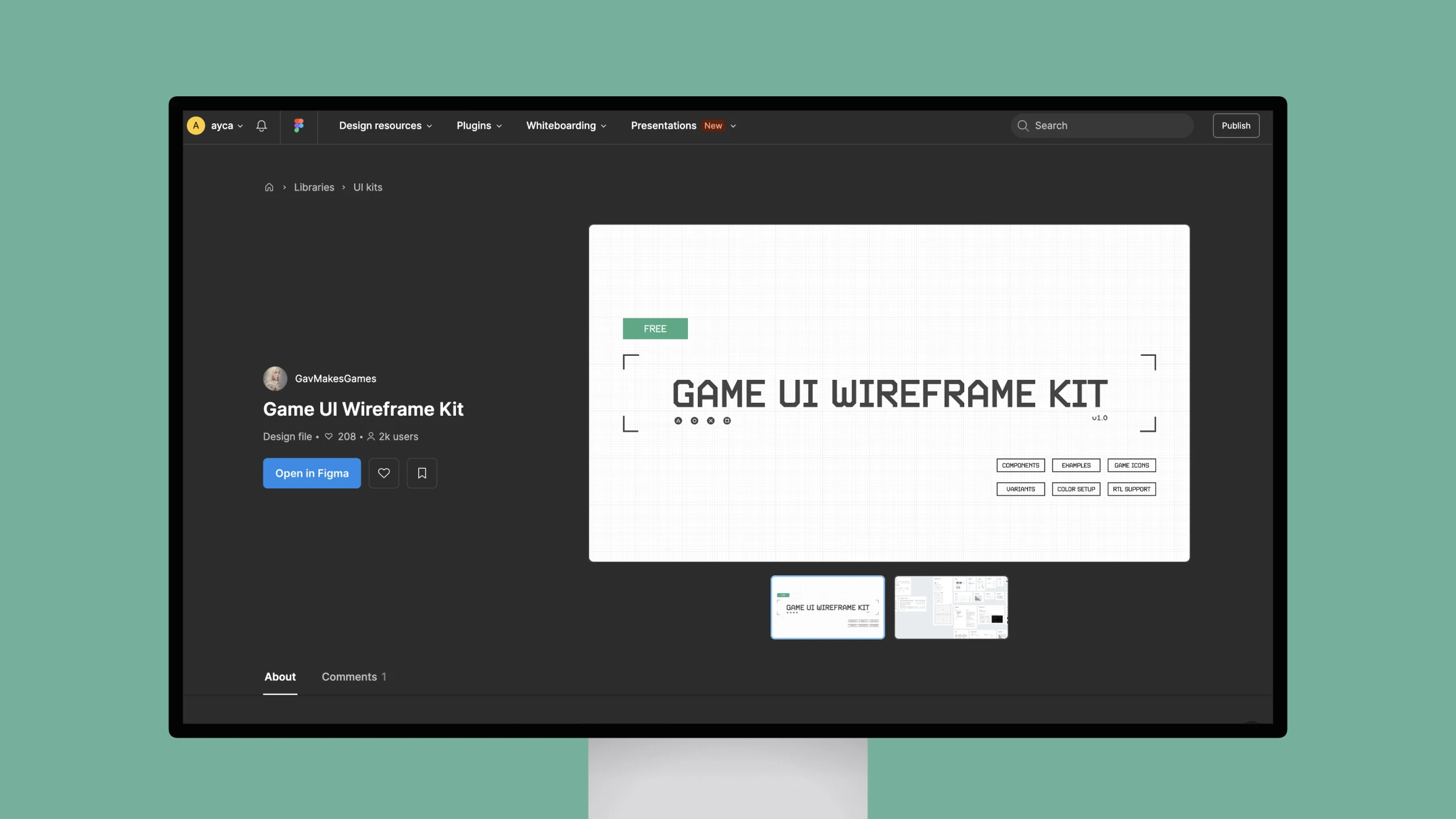 Game UI Wireframe Kit display on Figma