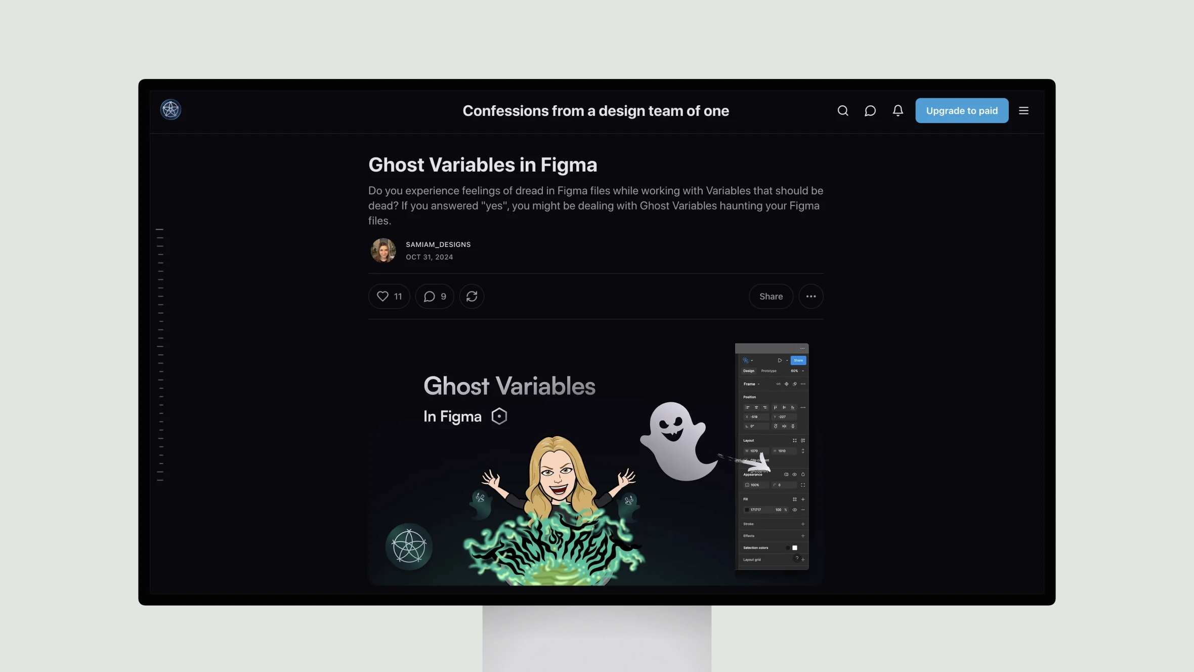 Figma design interface featuring ghost and designer avatar