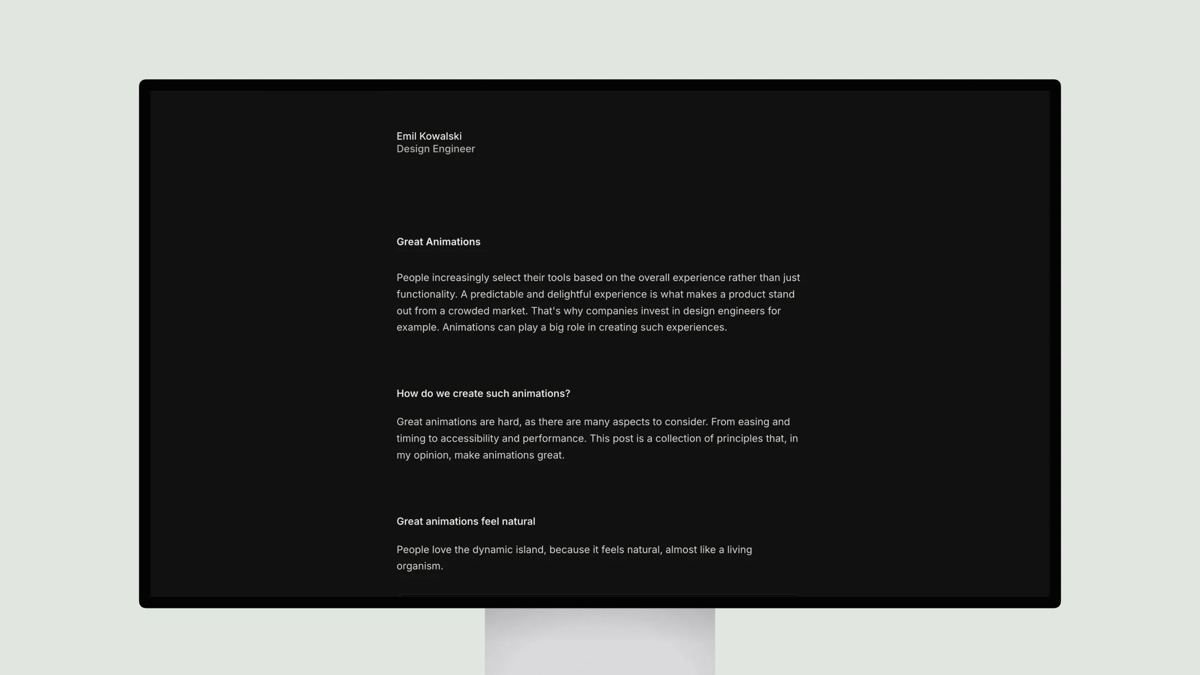 Monitor displaying text about design and great animations