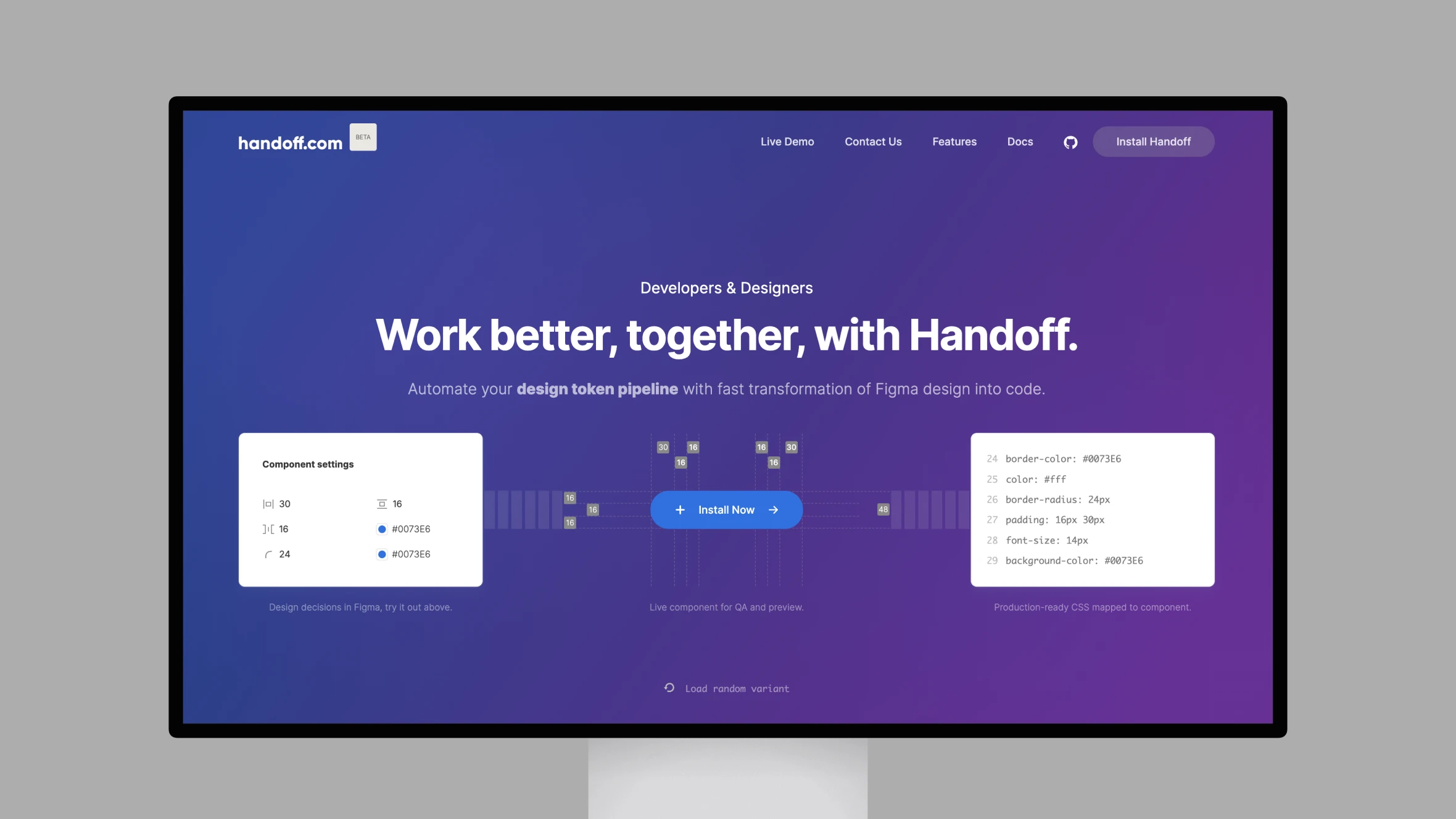 Handoff.com homepage displaying design automation tools