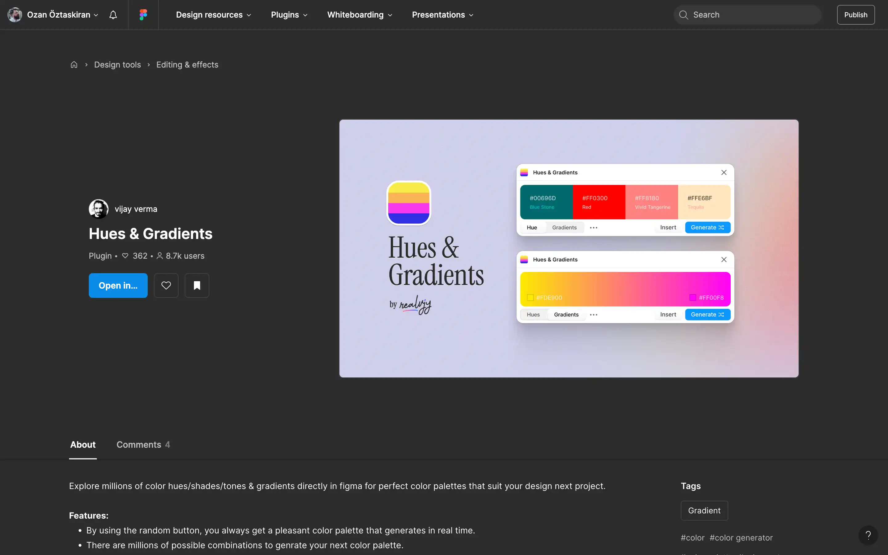 Figma plugin for color palettes and gradients.