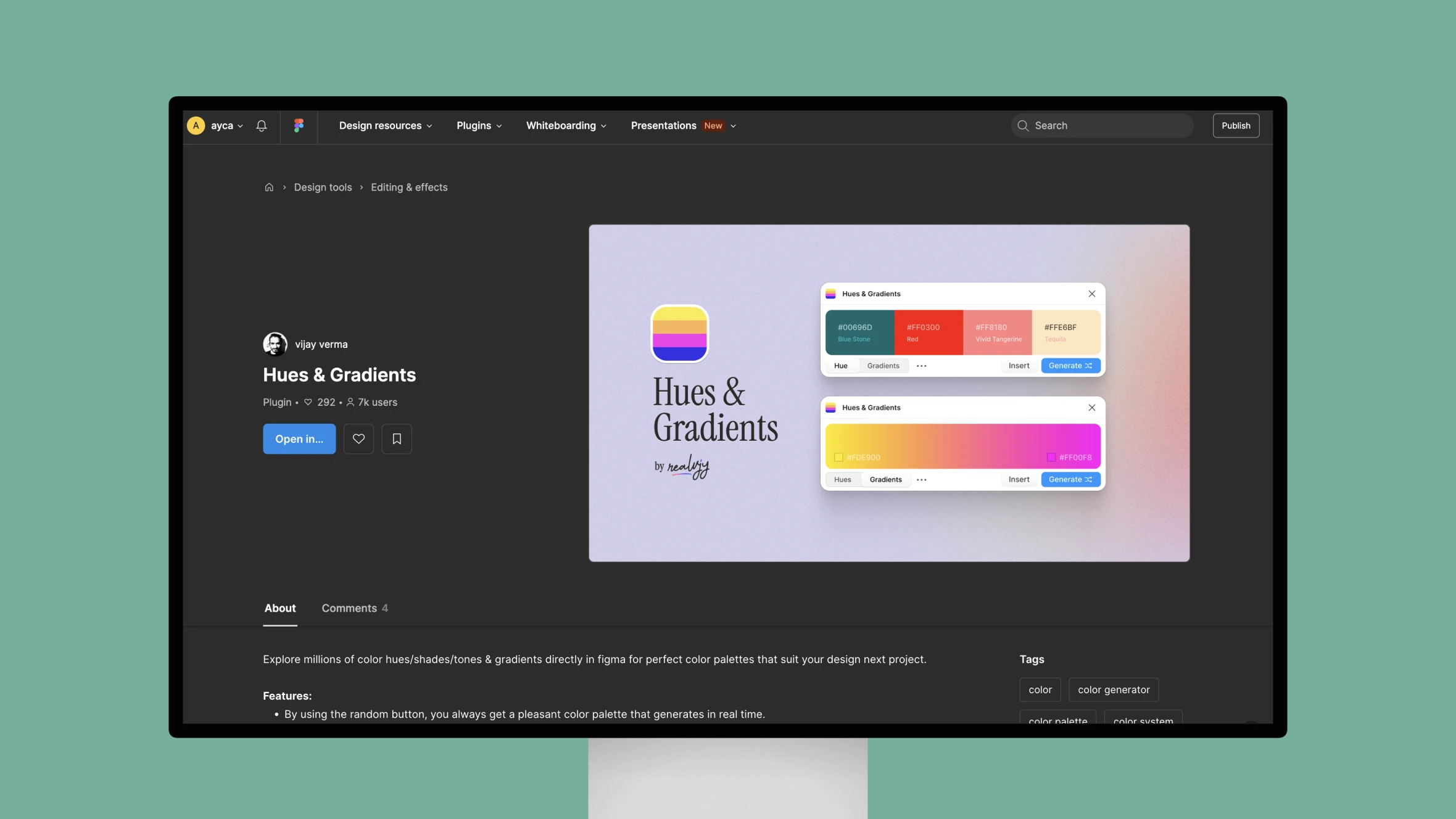 Computer screen displaying Hues & Gradients design plugin