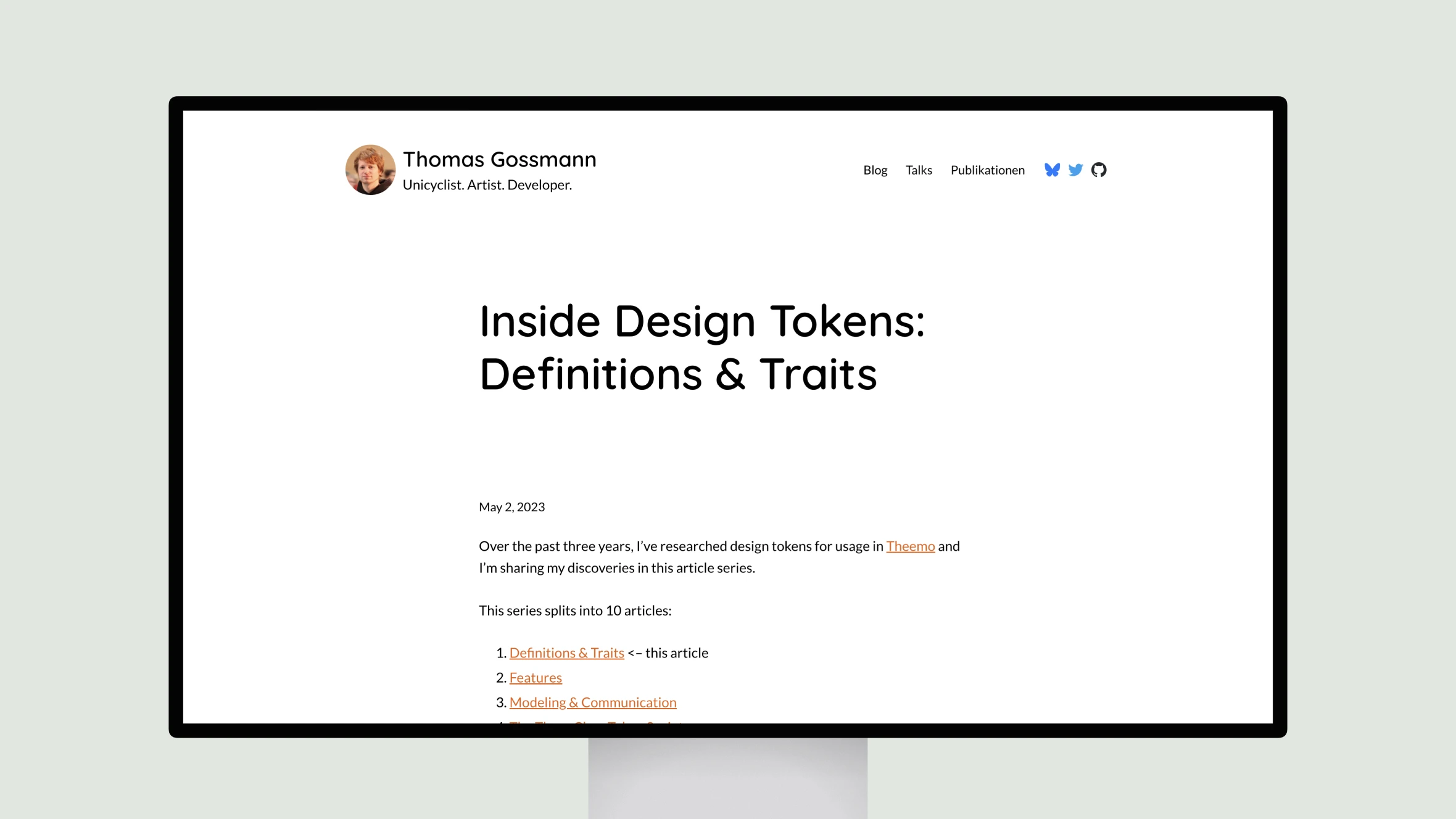 Computer screen displaying design tokens article webpage