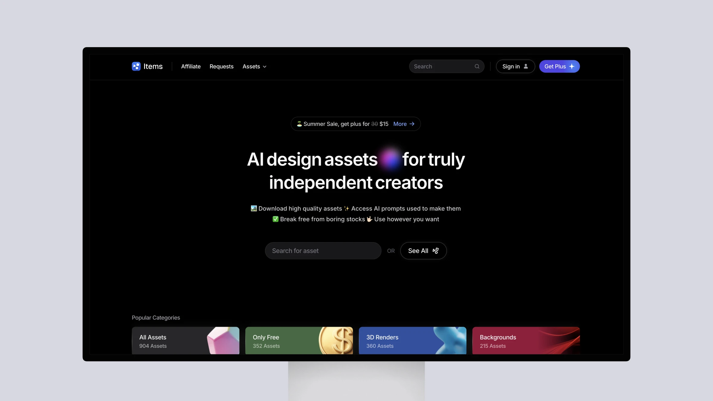 Website interface for AI design assets for creators