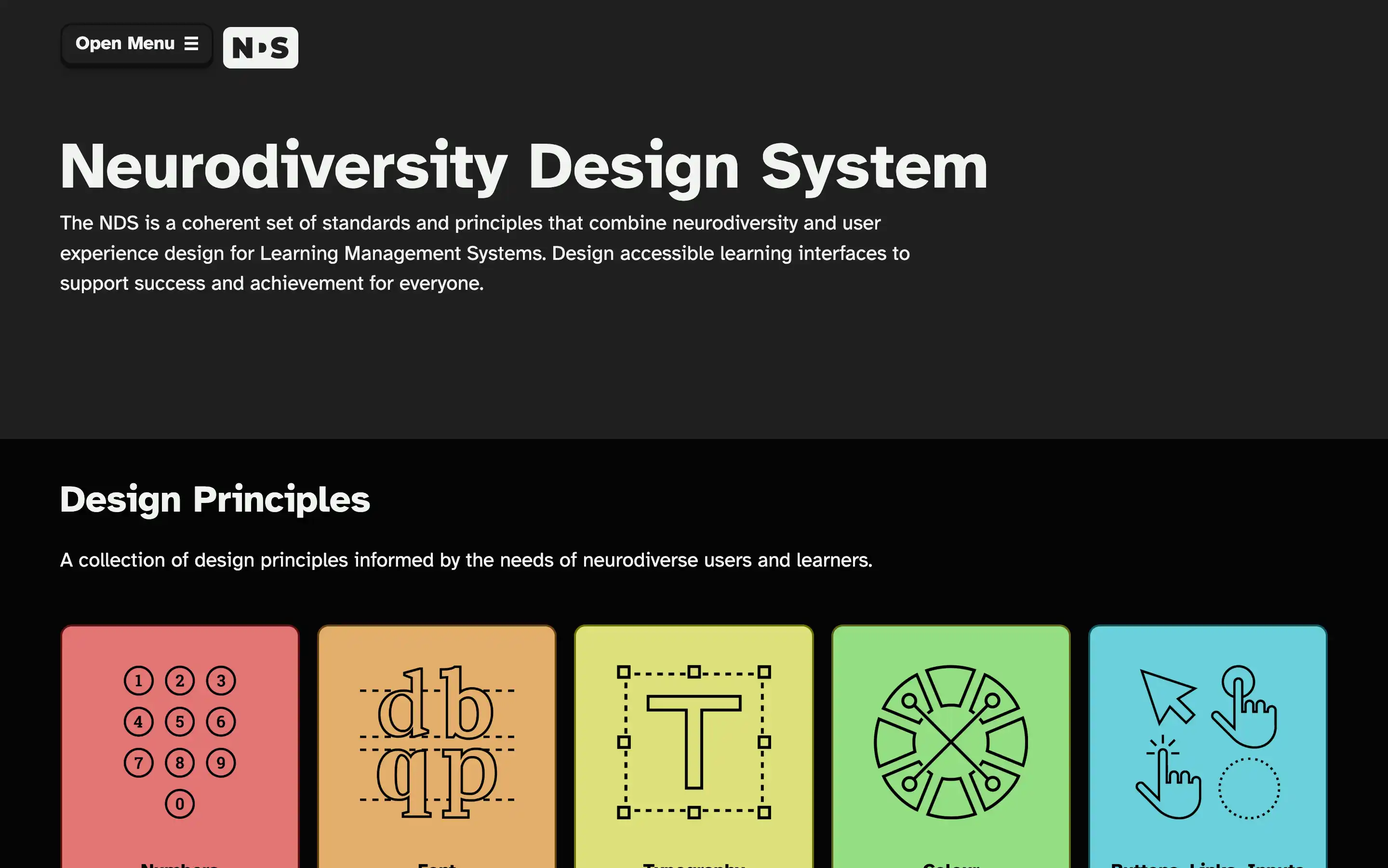 Neurodiversity Design System homepage with design principles.