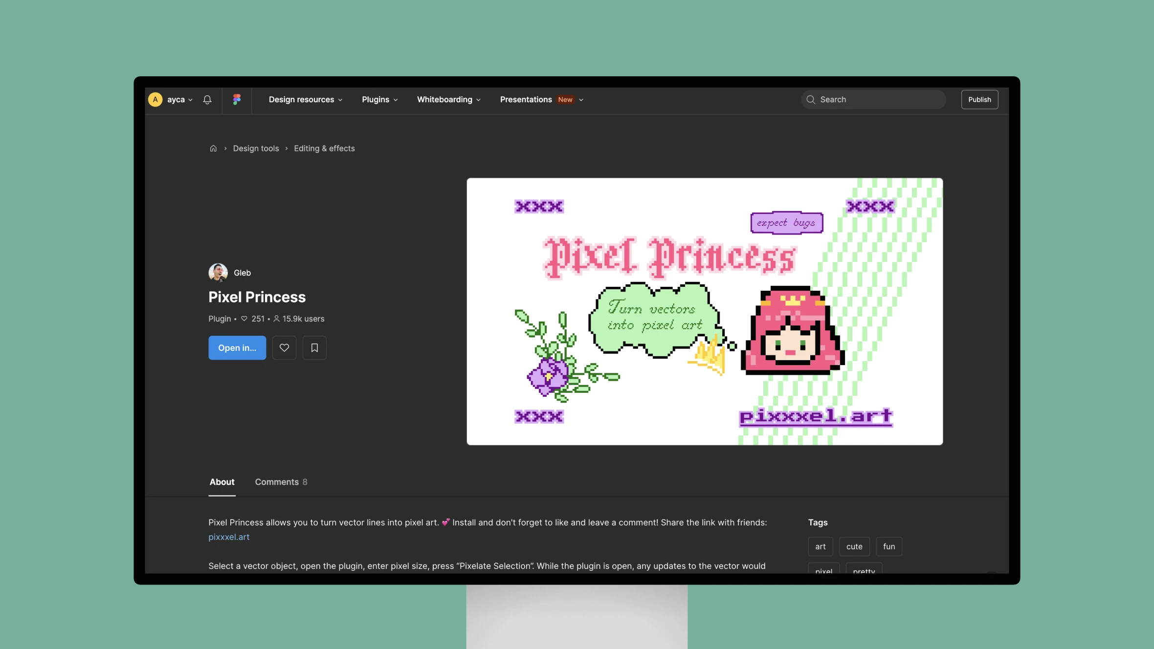 Pixel Princess plugin interface on computer screen.