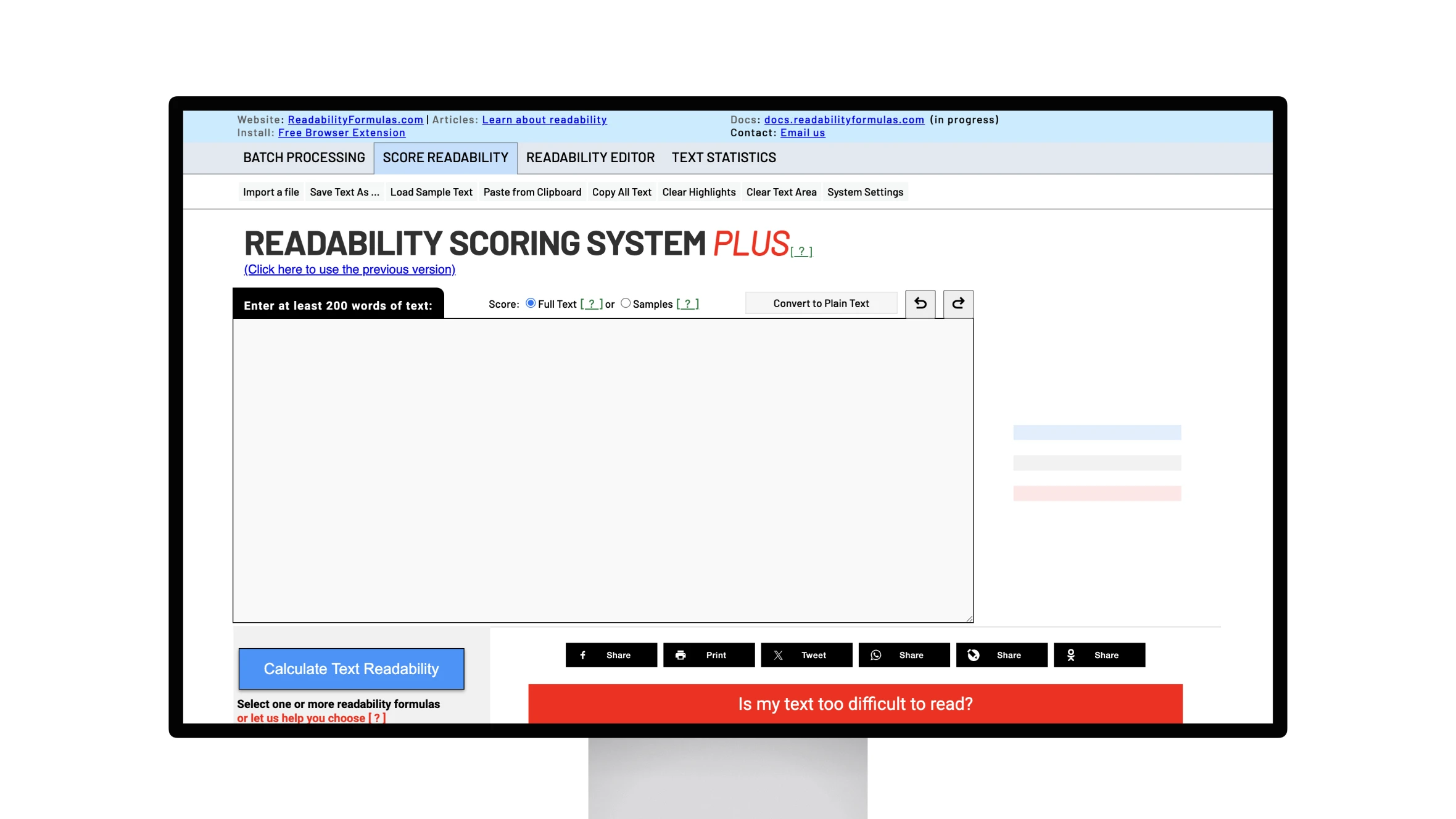 Website interface showing text readability scoring tool