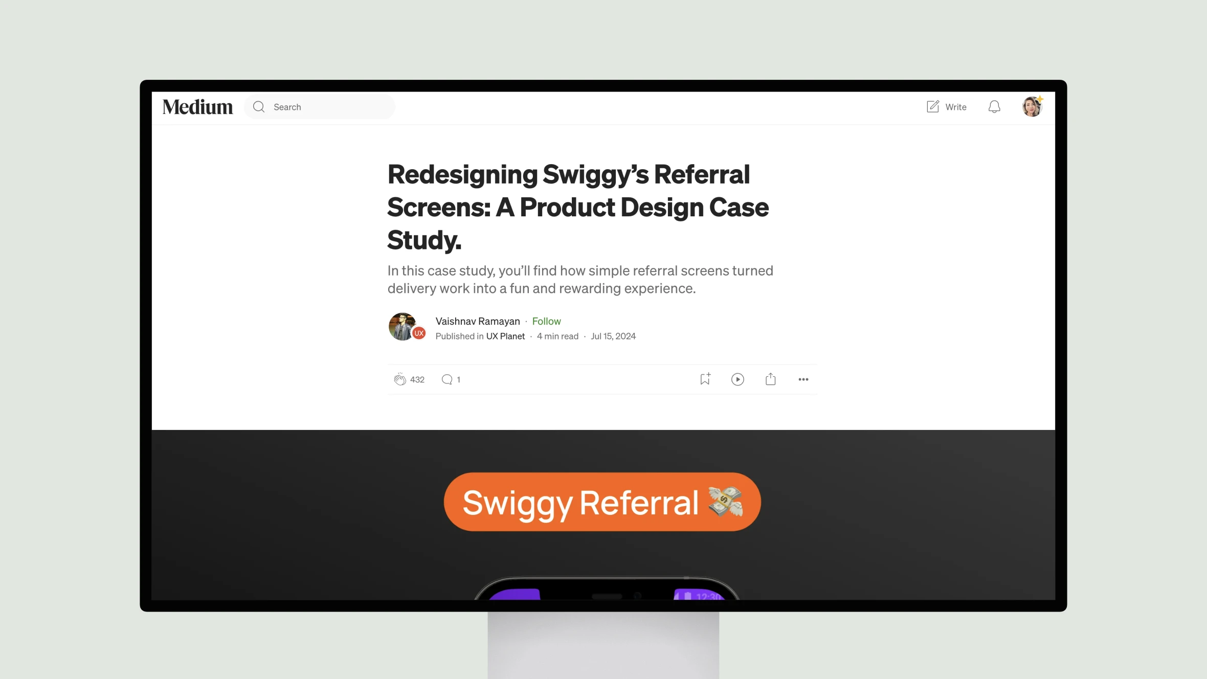 Medium article on Swiggy's referral screen redesign.