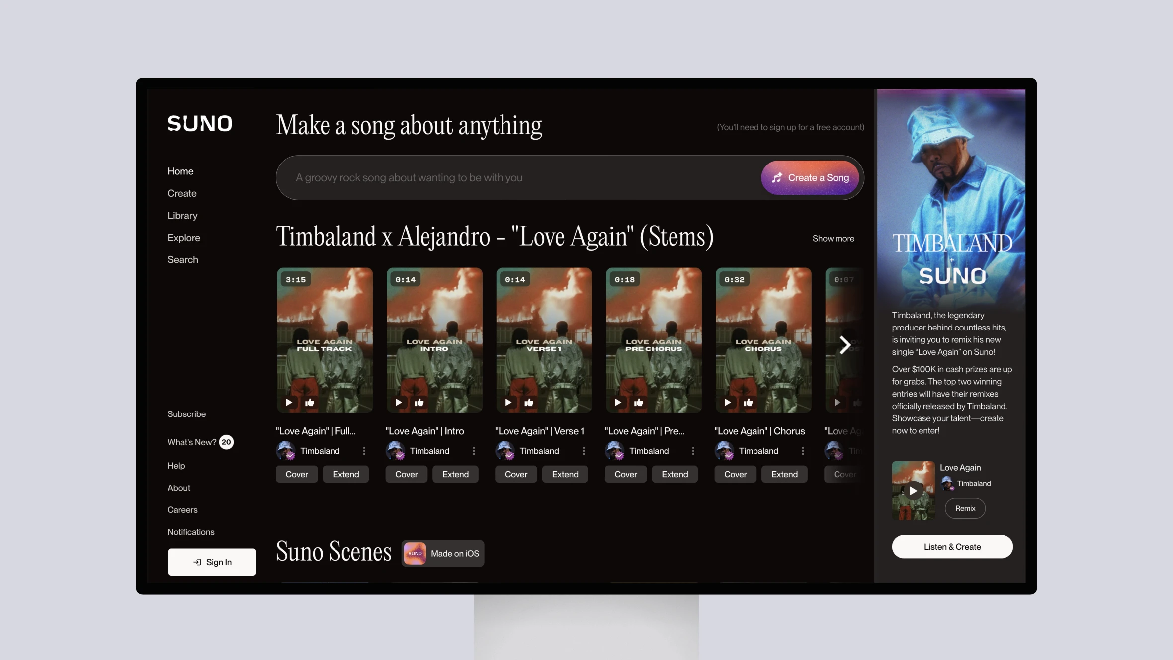 Timbaland music collaboration screen on SUNO platform