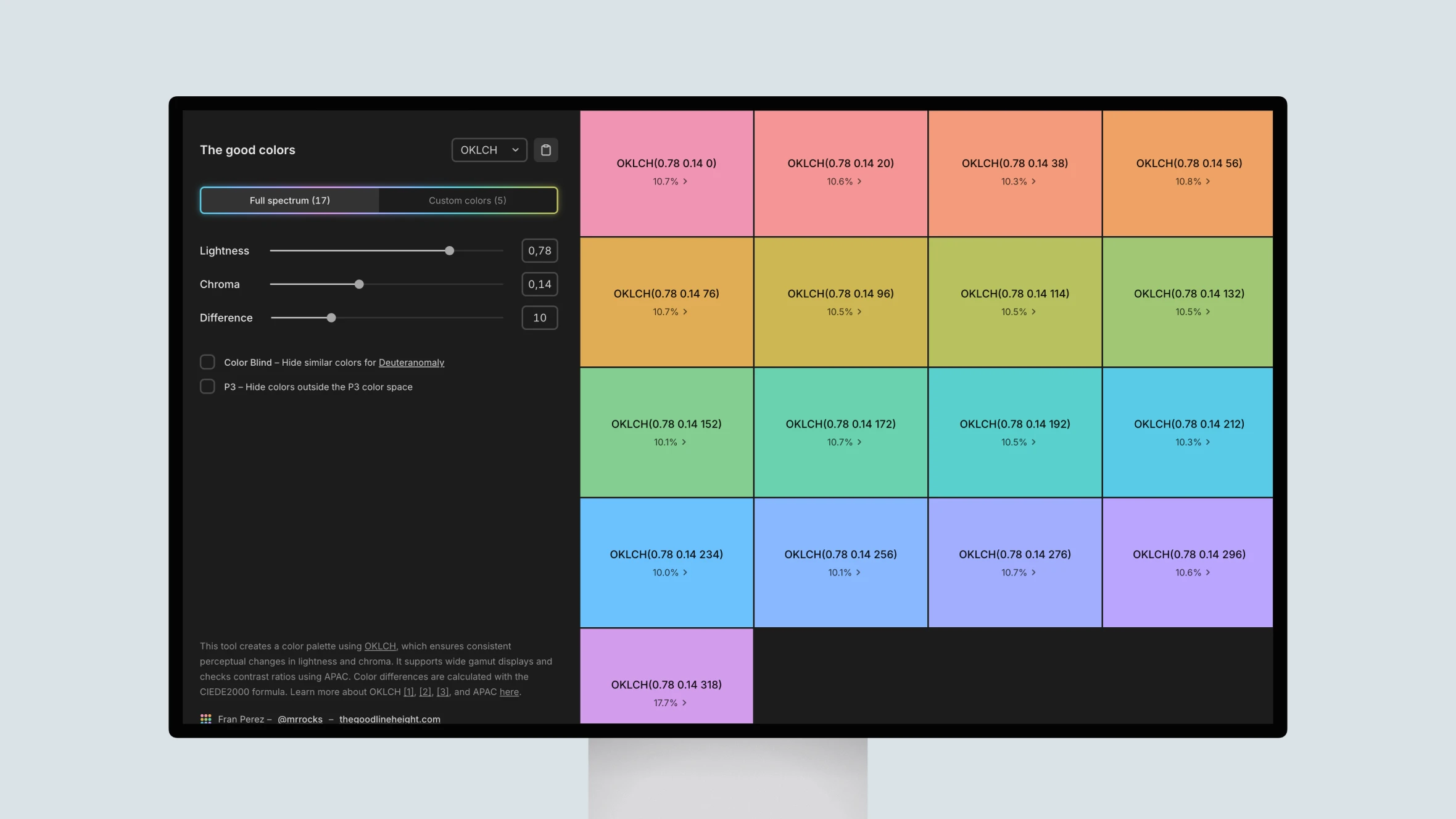 Color palette software interface displaying various shades