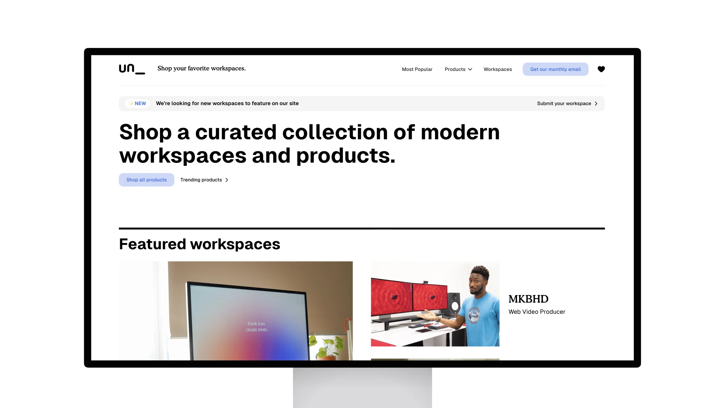 Website showcasing modern workspace collections and products