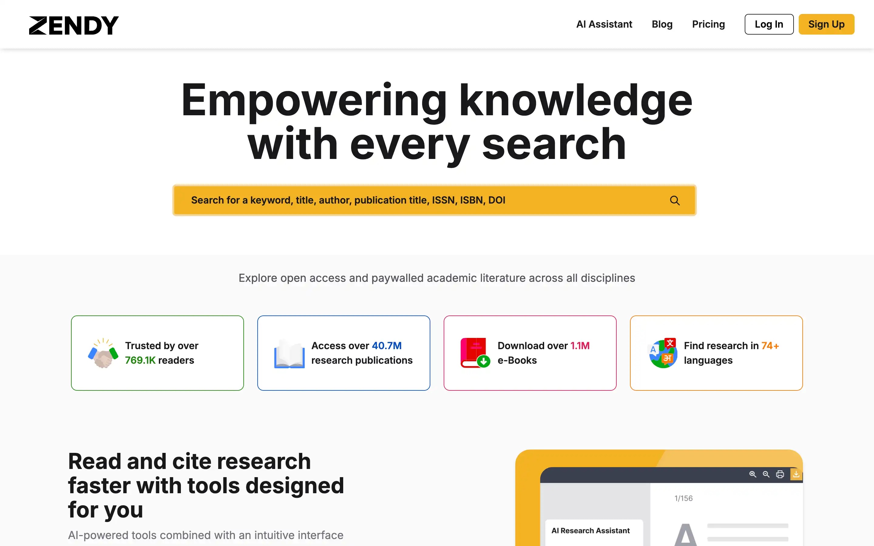 Zendy research platform homepage with search tool.