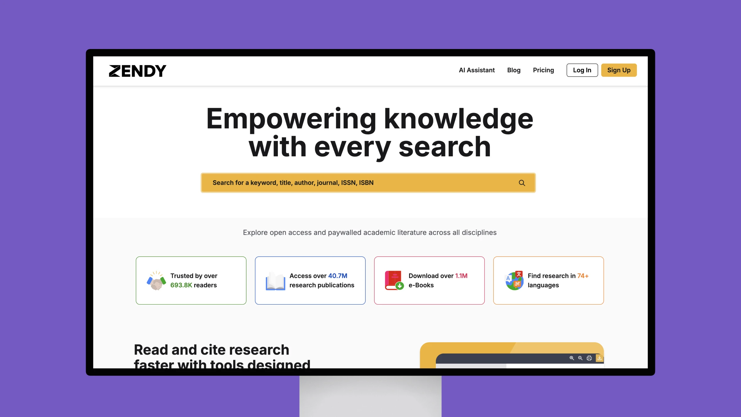 ZENDY academic search platform homepage