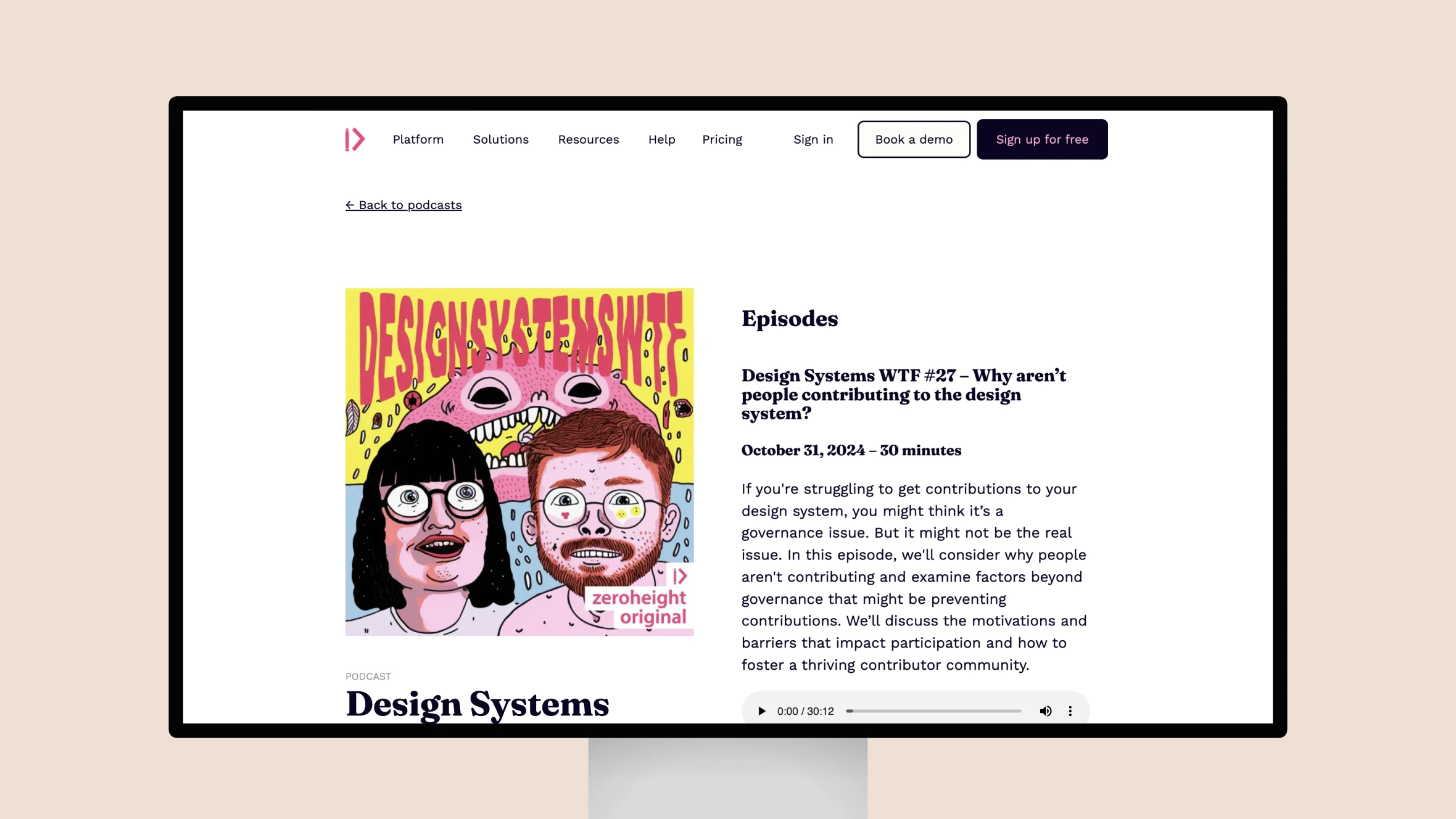 Webpage displaying colorful podcast episode on design systems