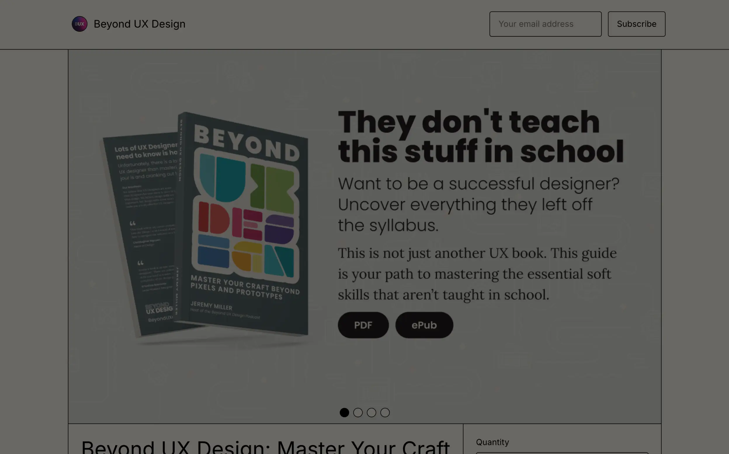 Advertisement for 'Beyond UX Design' book with download options