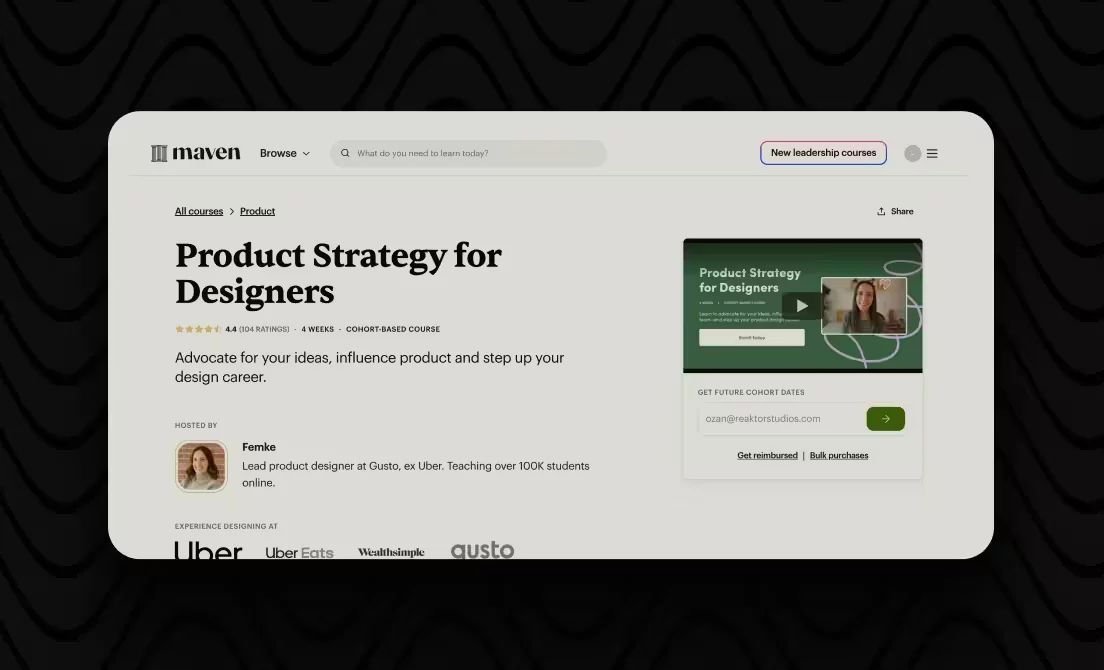 Maven website offering Product Strategy course for designers