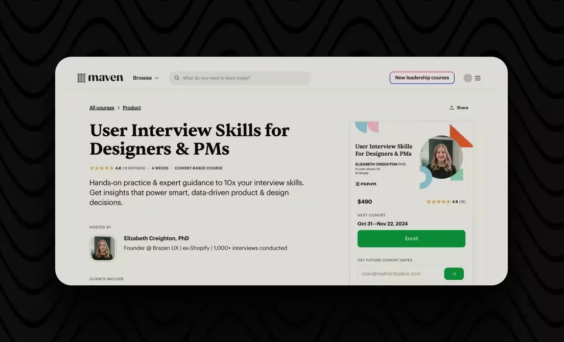 Webpage showing User Interview Skills course details.