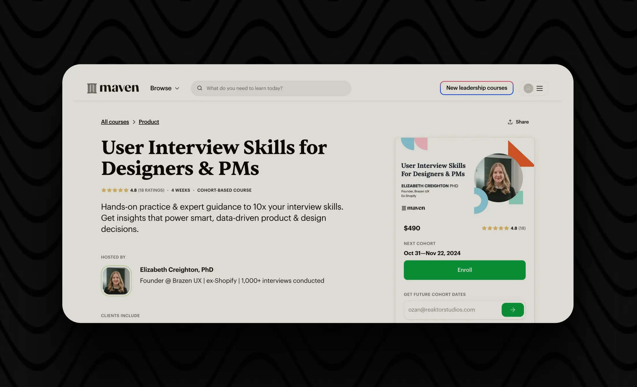 Webpage displaying User Interview Skills course information