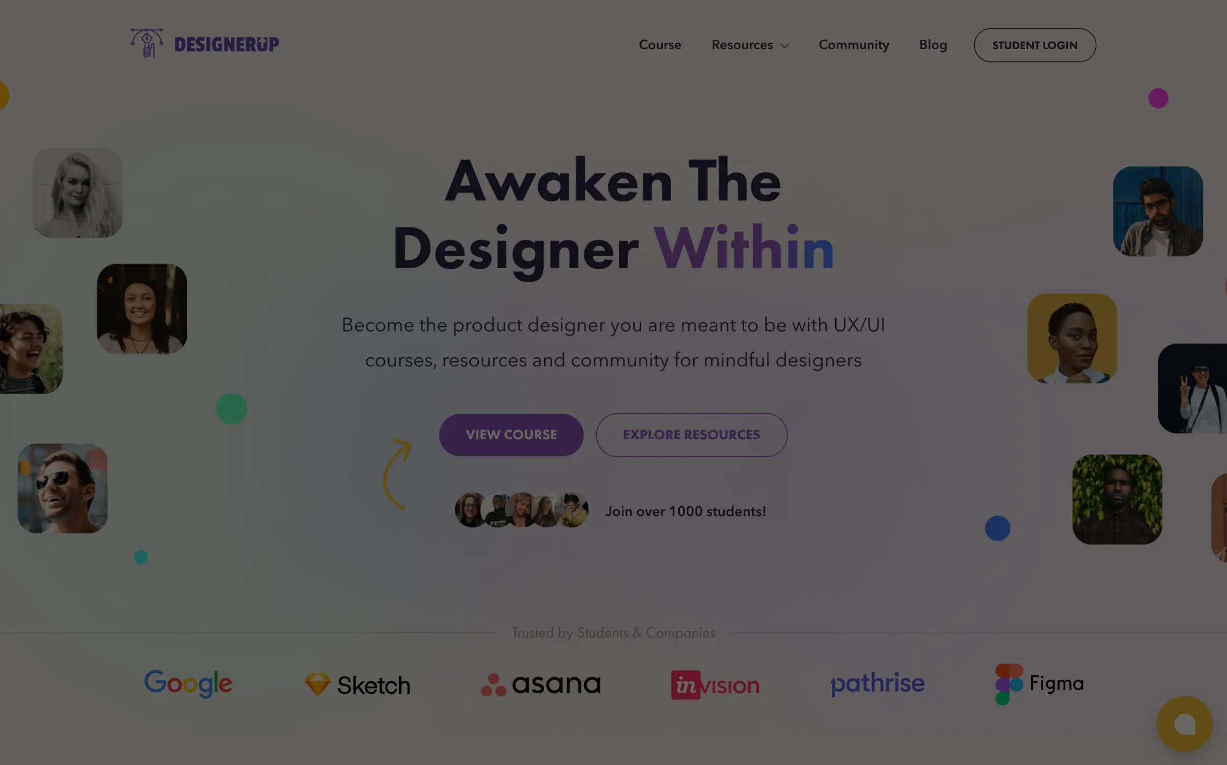 Homepage of DesignerUp featuring courses and user testimonials