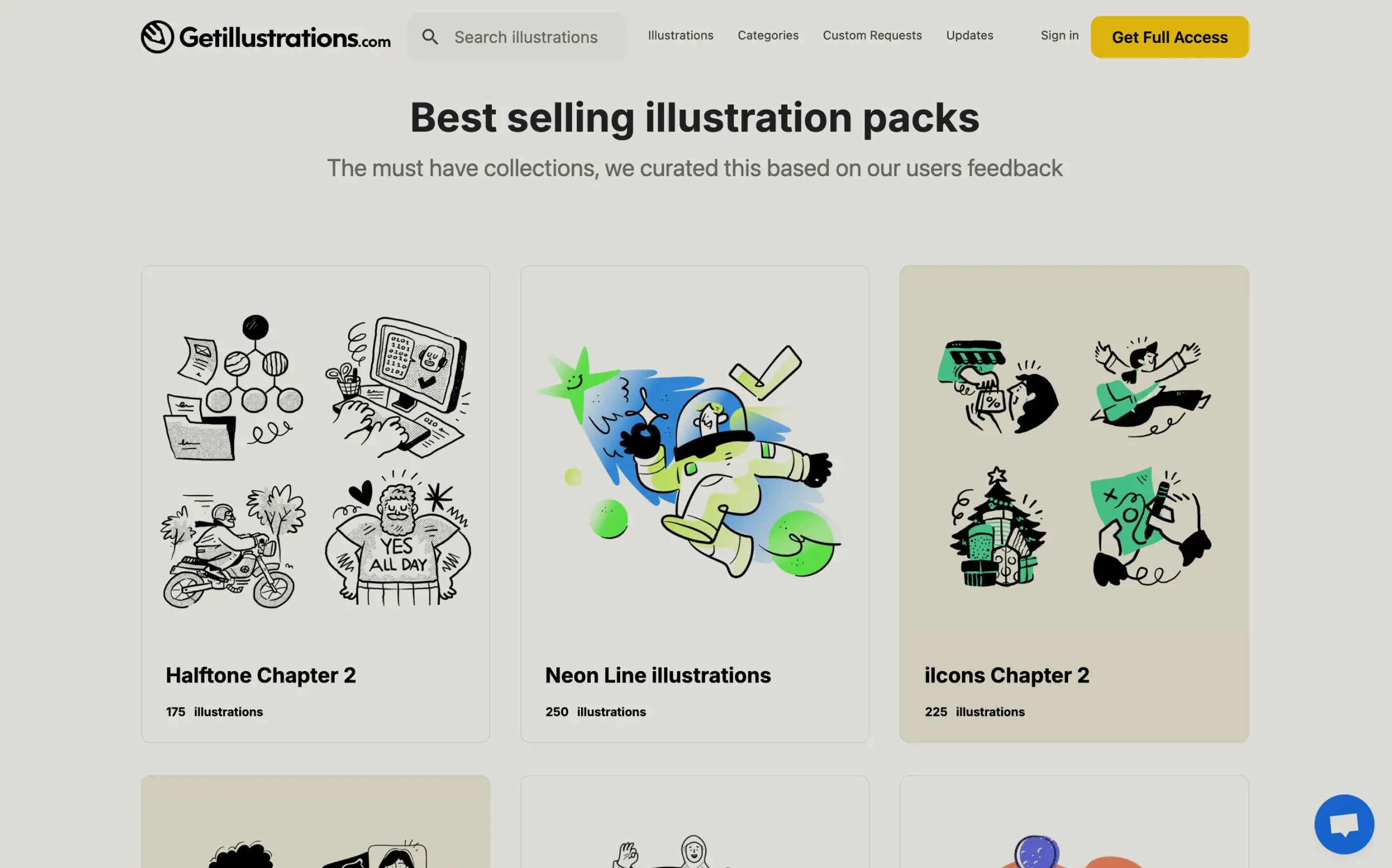 Website displaying best-selling illustration packs