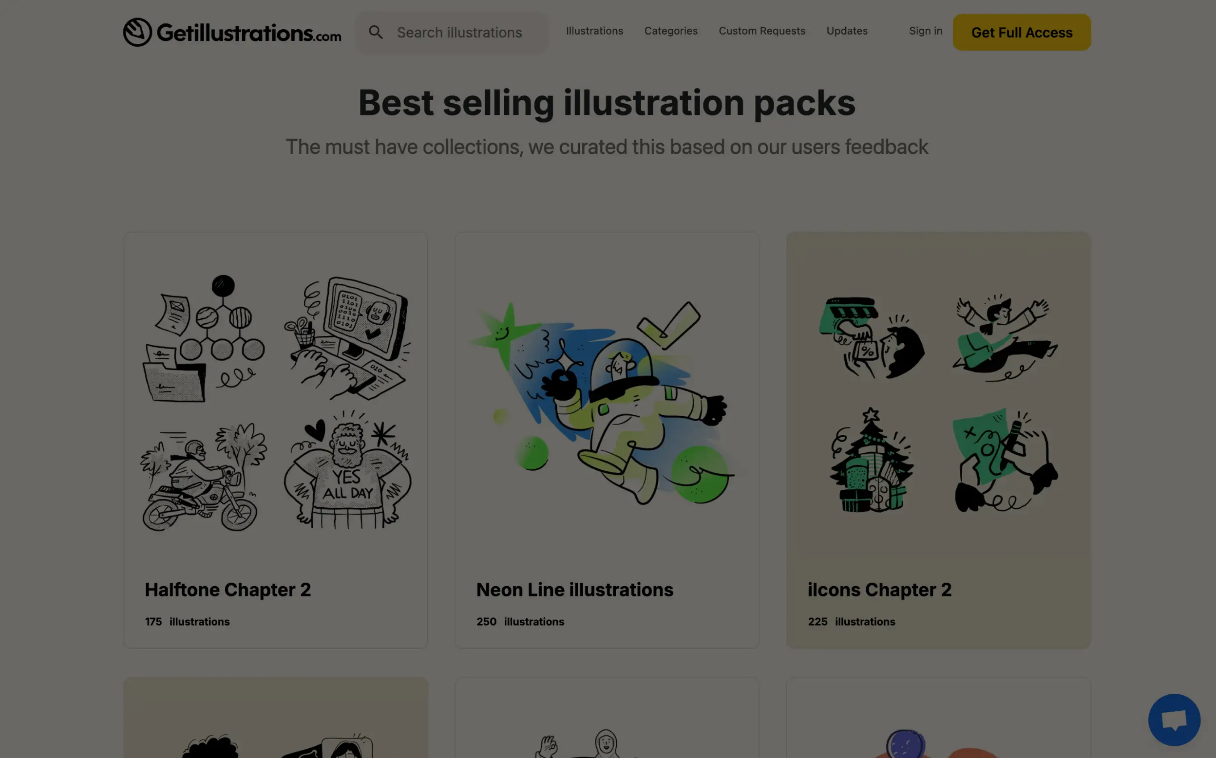 Screenshot of GetIllustrations website featuring best-selling packs.