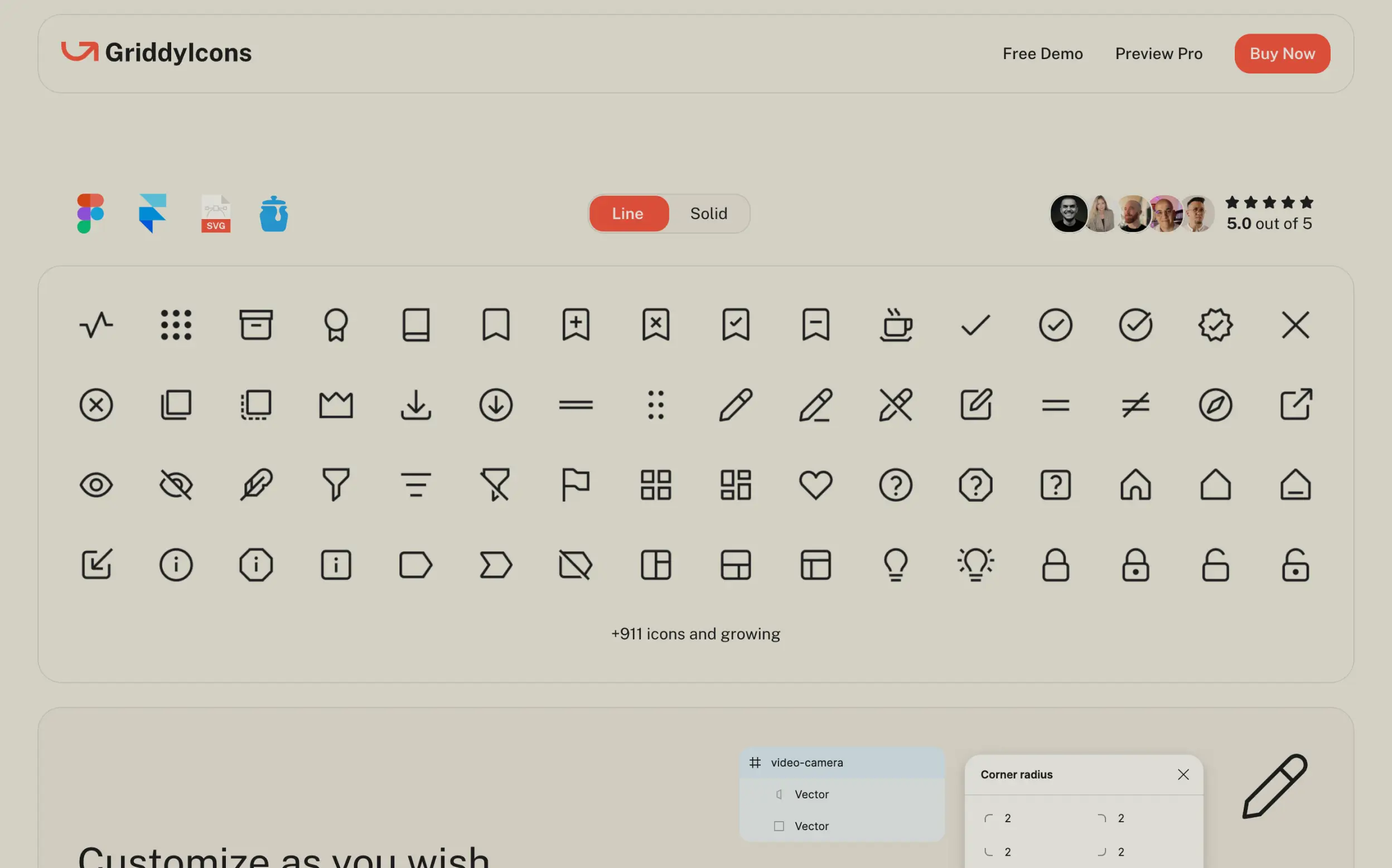 Website interface displaying various line-style icons