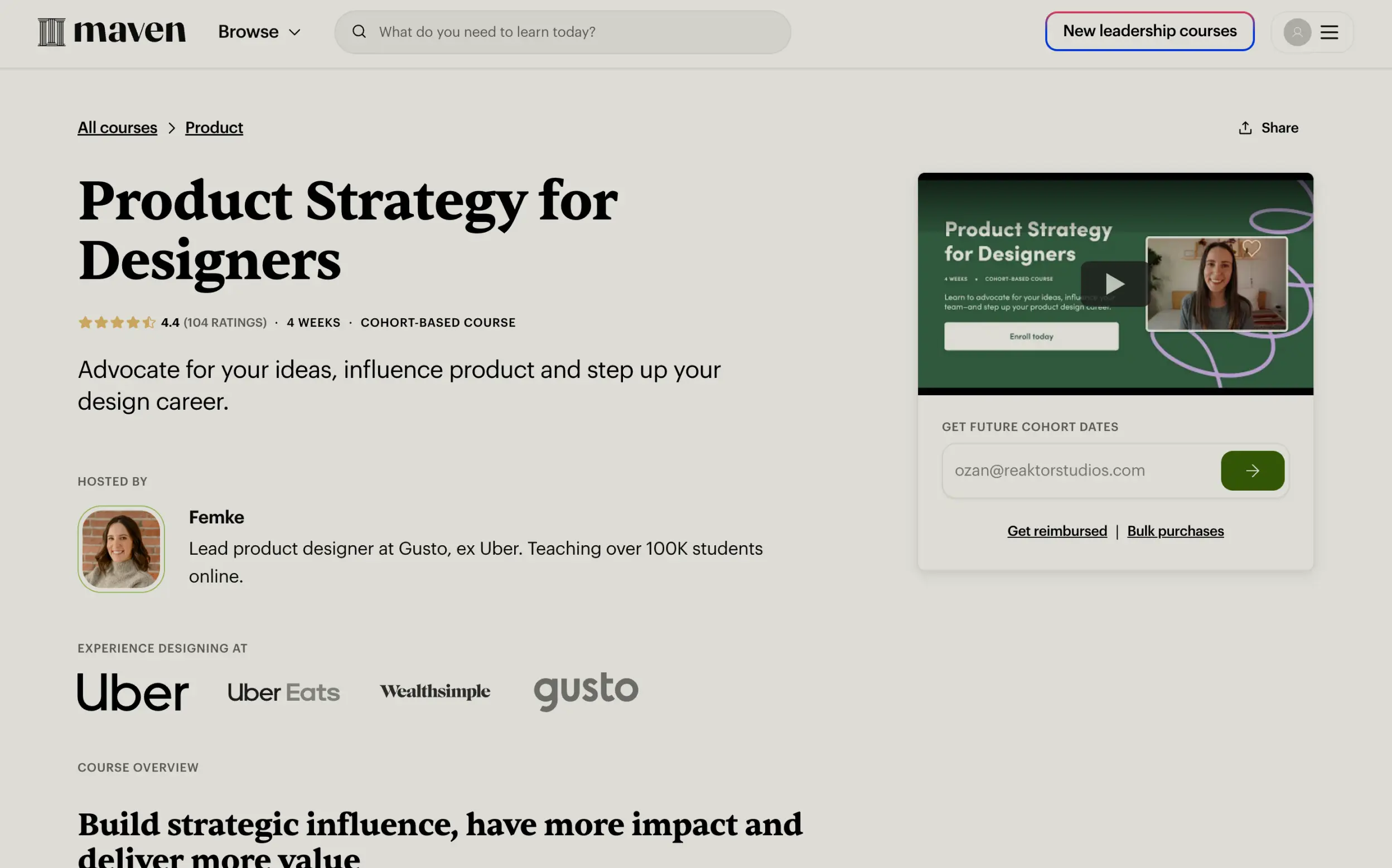 Maven online course page for 'Product Strategy for Designers'.