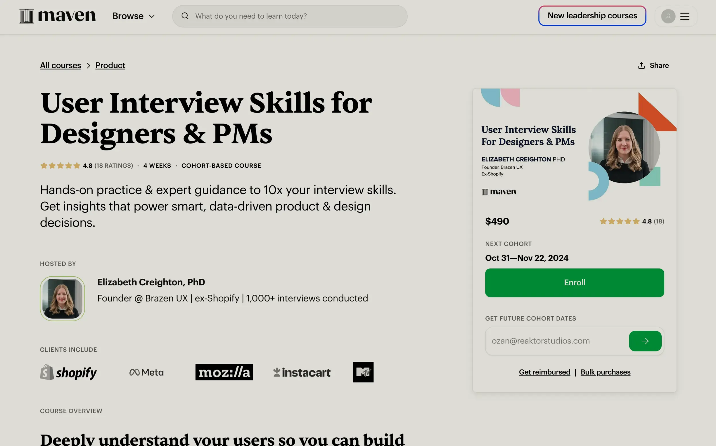 Screenshot of Maven User Interview Skills course page