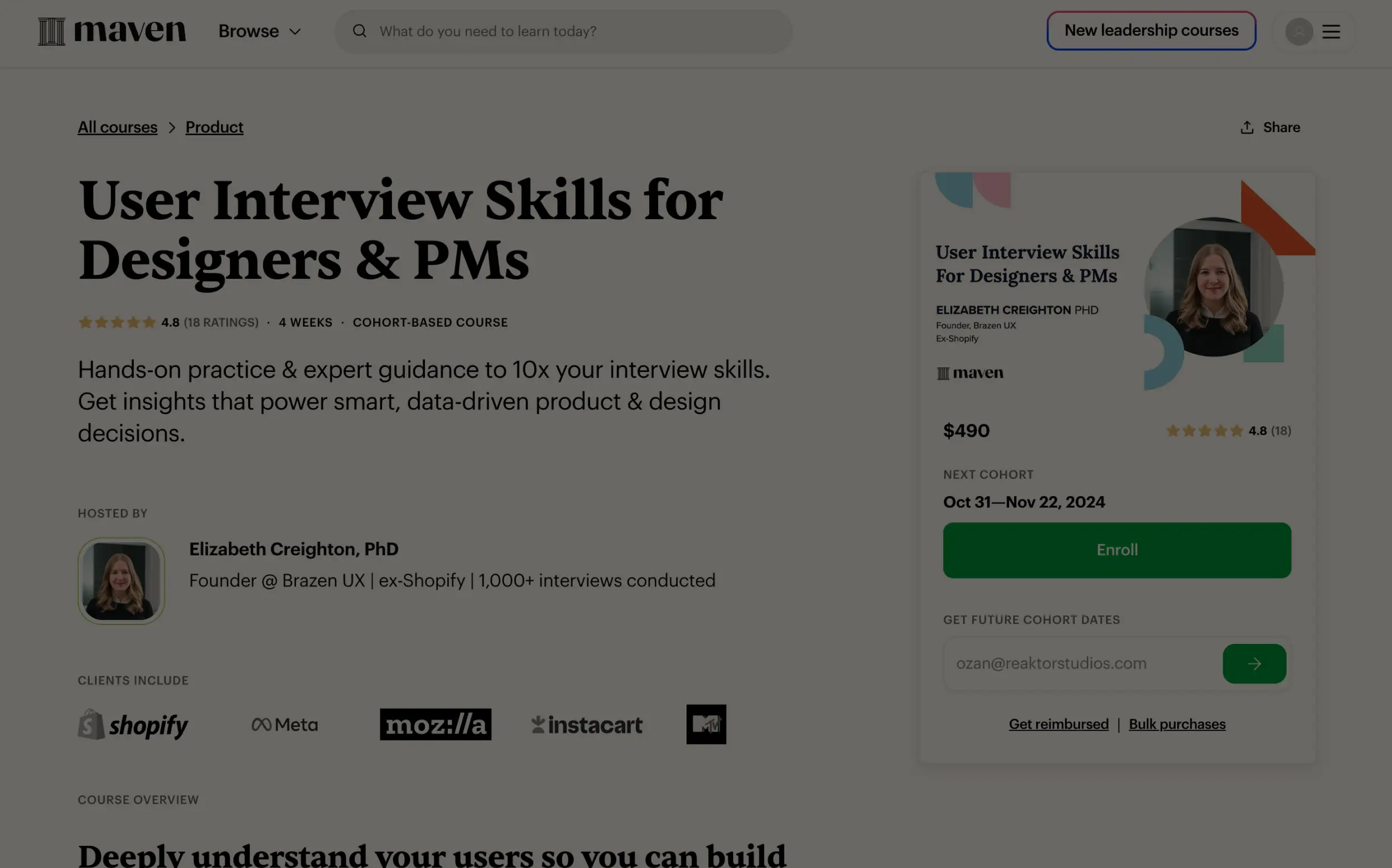 Maven course ad for user interview skills featuring instructor.