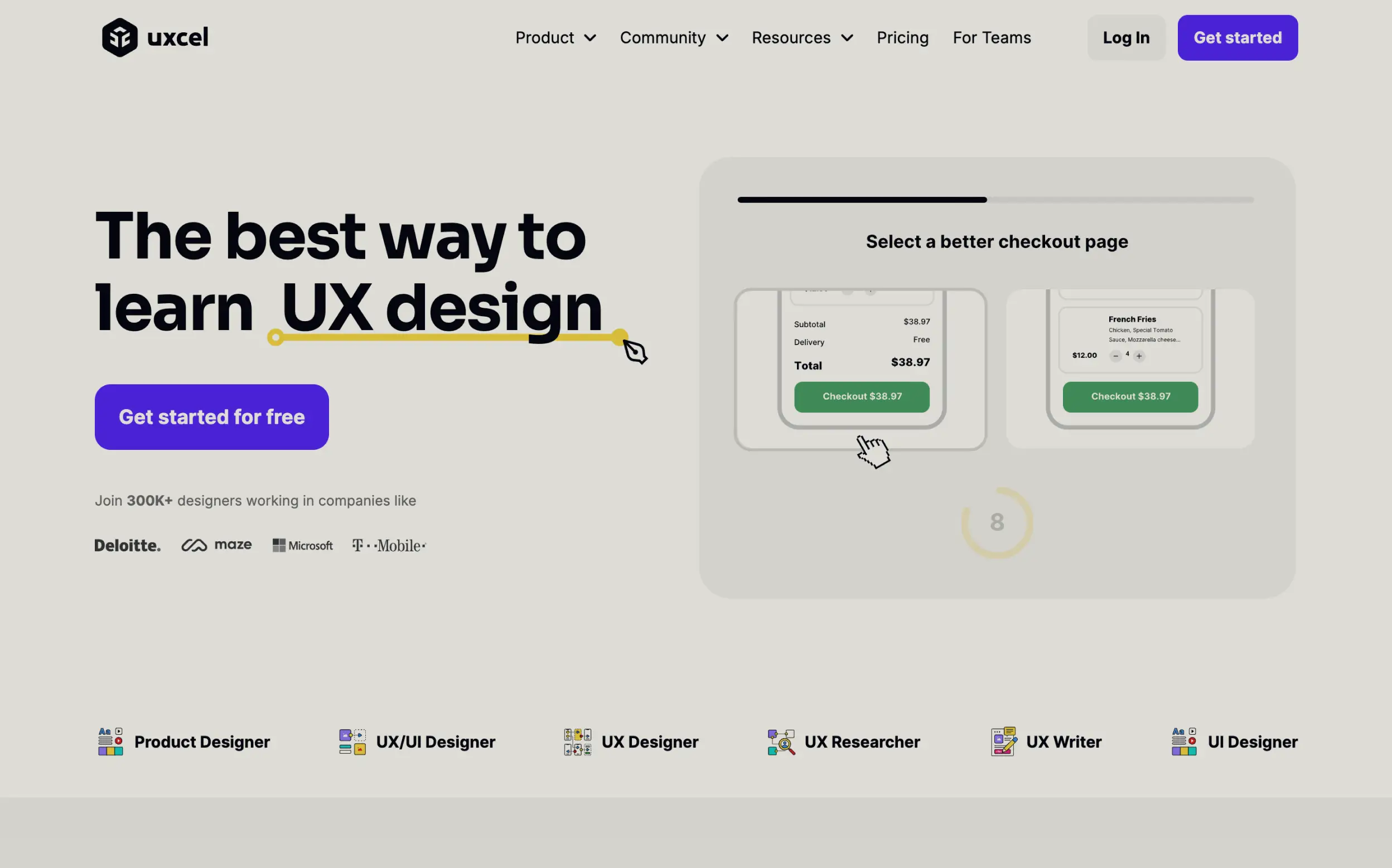 UXcel website homepage for UX design learning