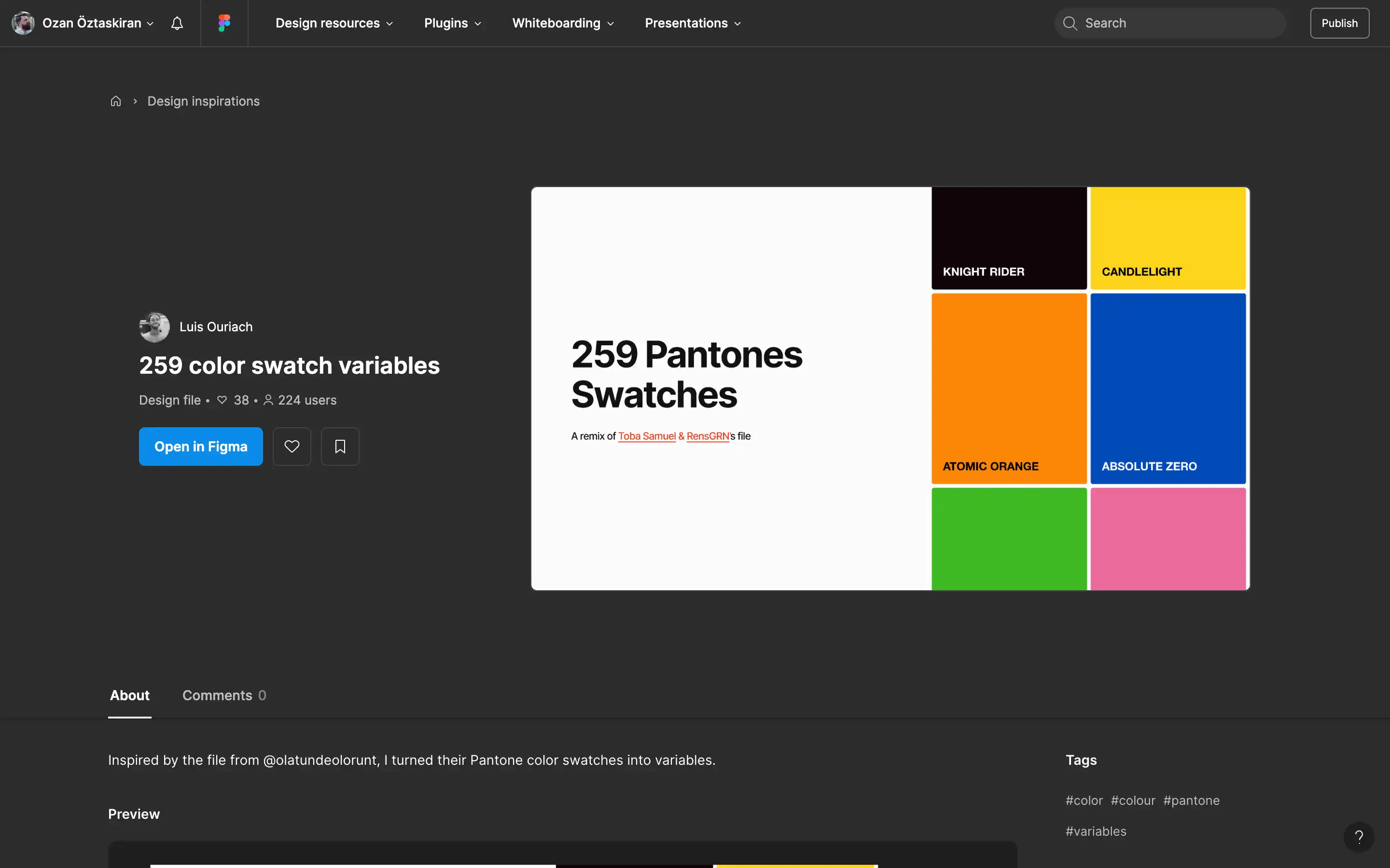Figma file with 259 Pantone color swatch variables