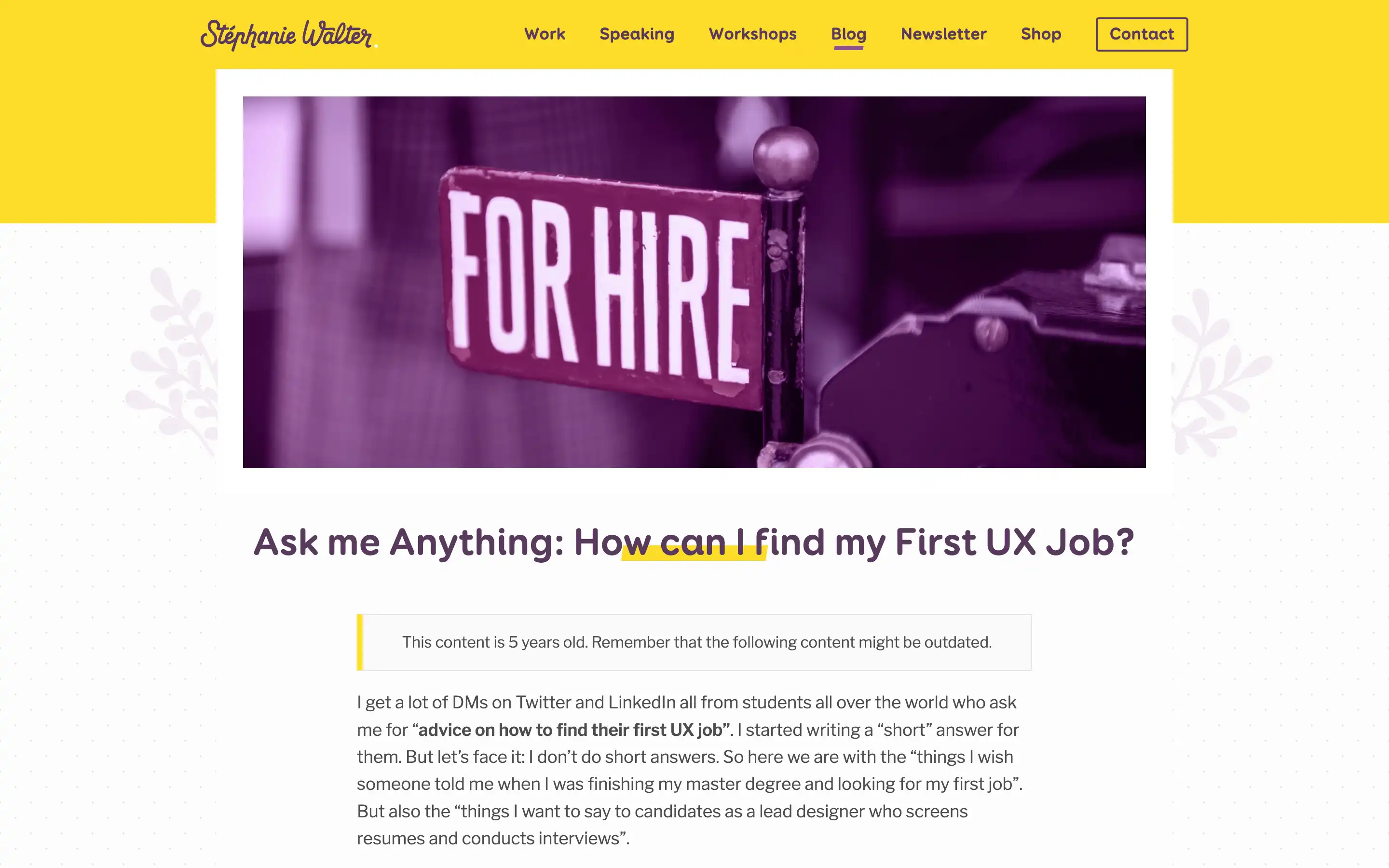 Sign reading 'For Hire' on pink background.