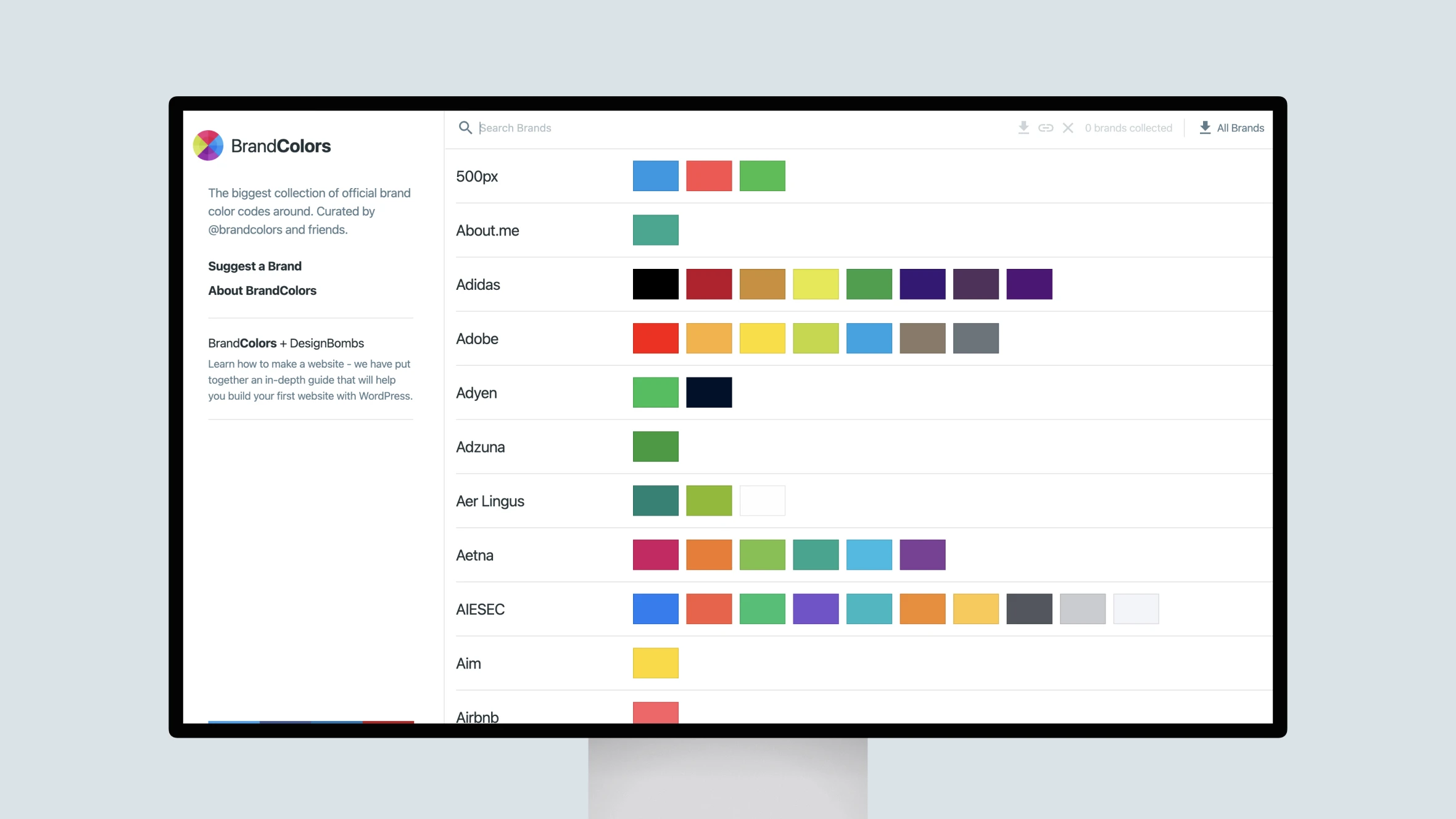 BrandColors website displaying various company color palettes