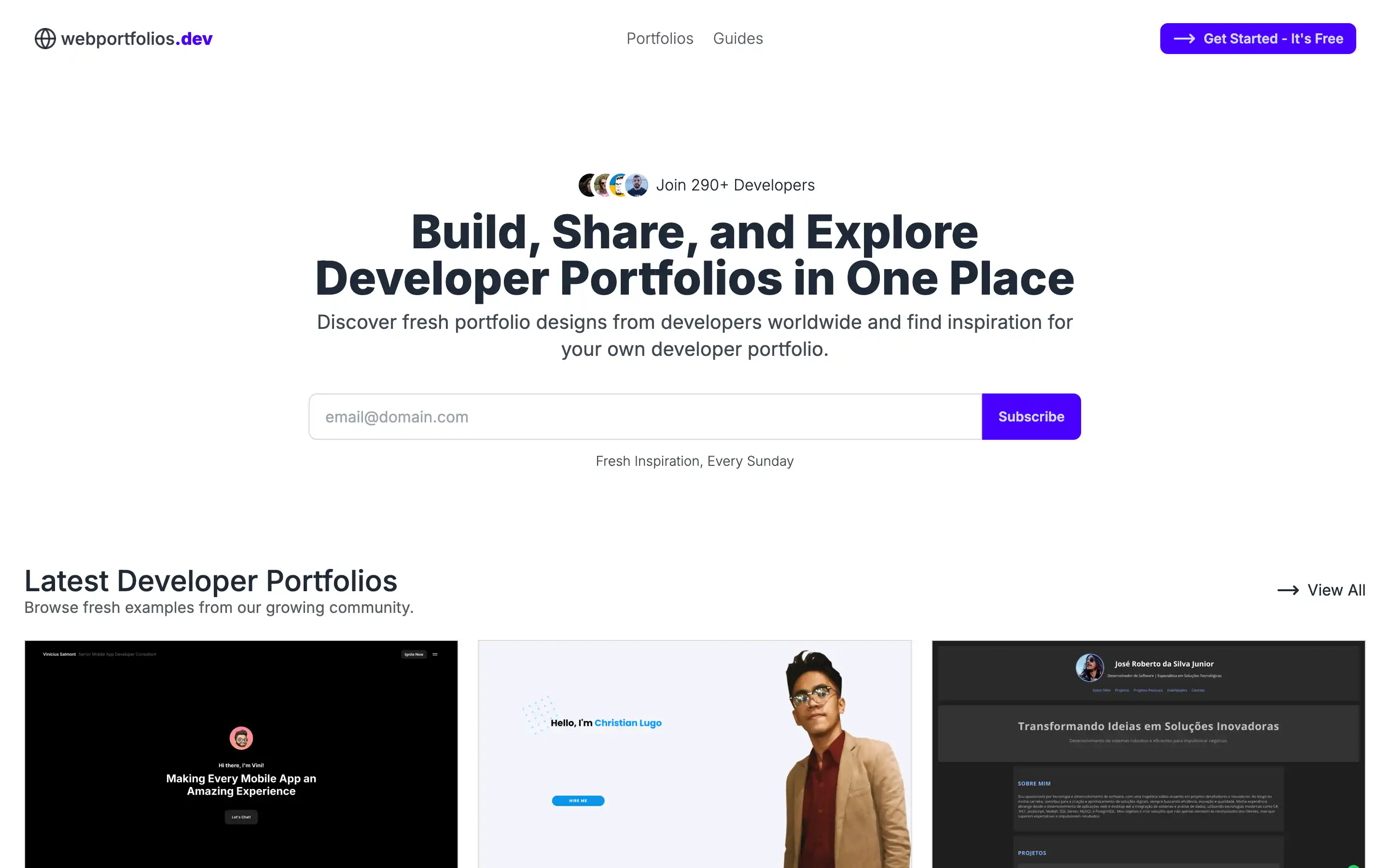 Developer portfolios showcase and exploration website homepage.
