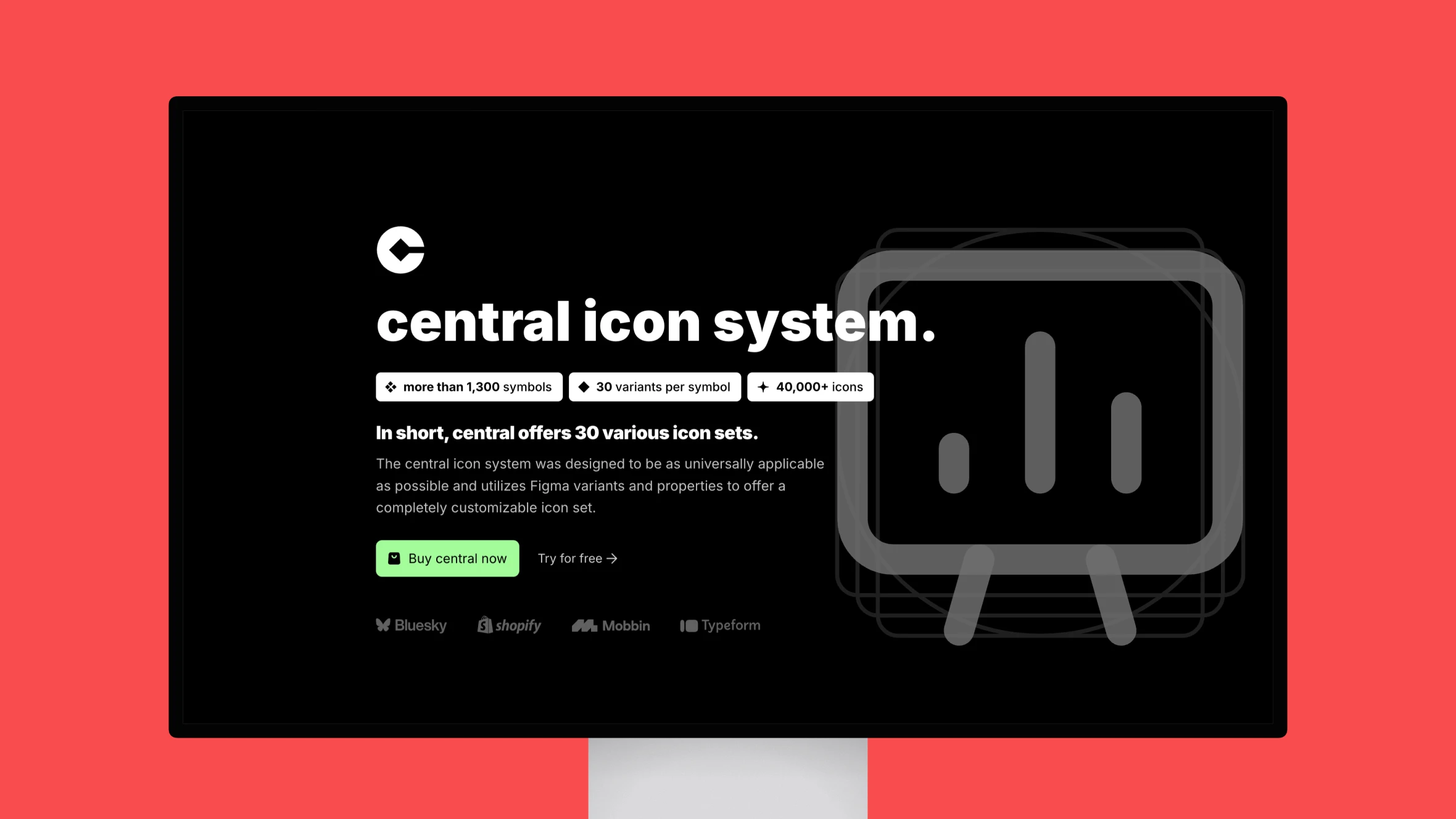 Webpage showcasing Central Icon System with features