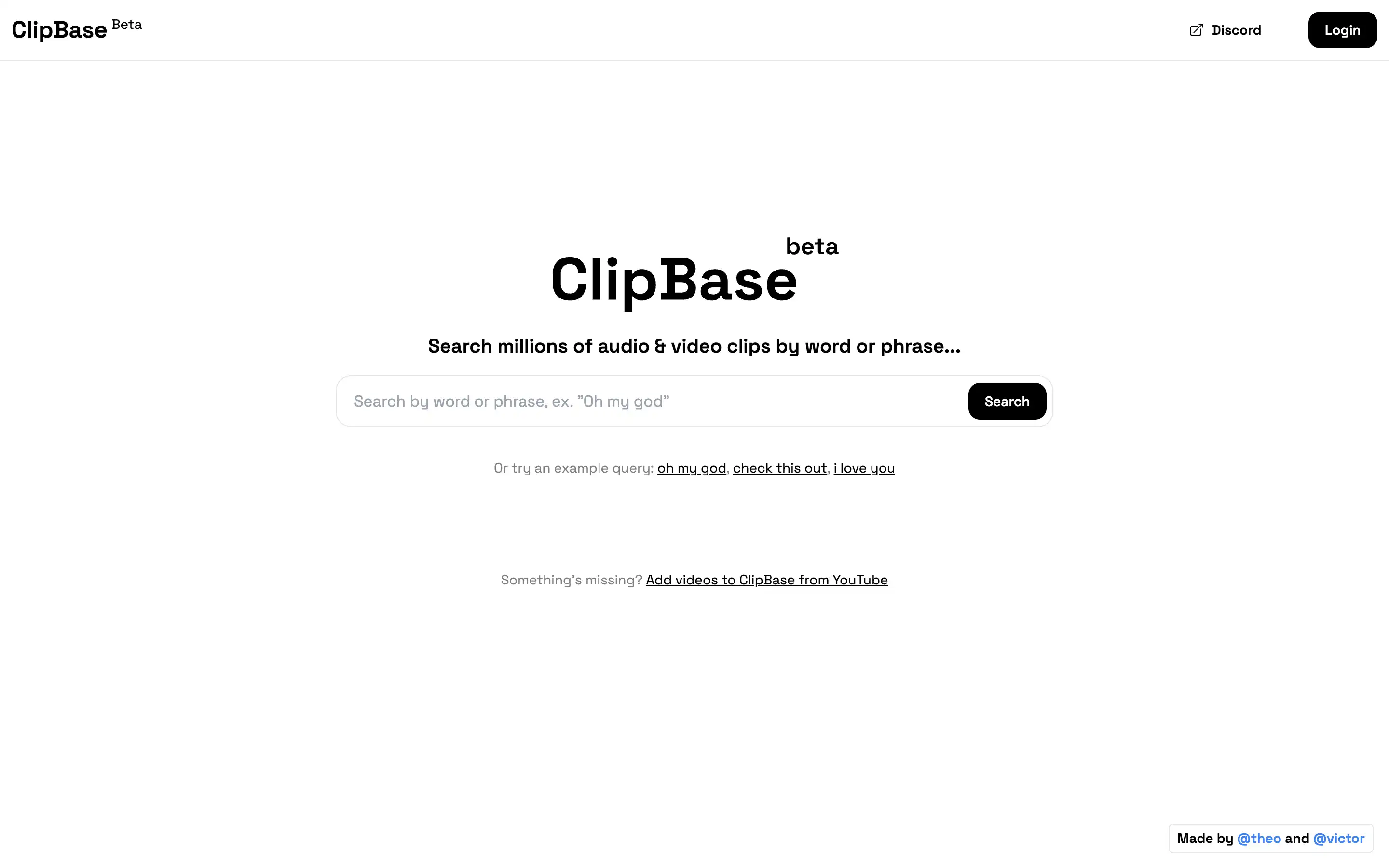 ClipBase search page for audio and video clips.