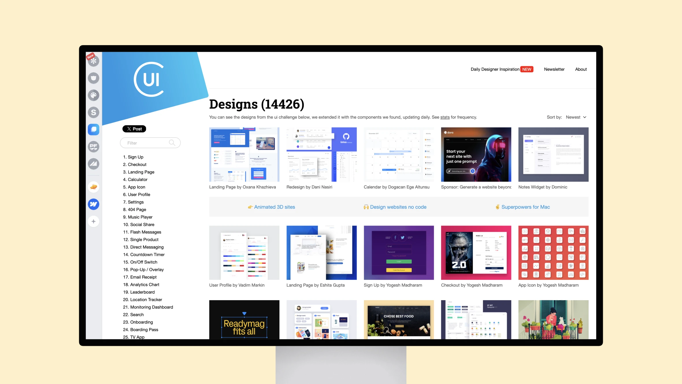 Monitor displaying various UI design thumbnails on website