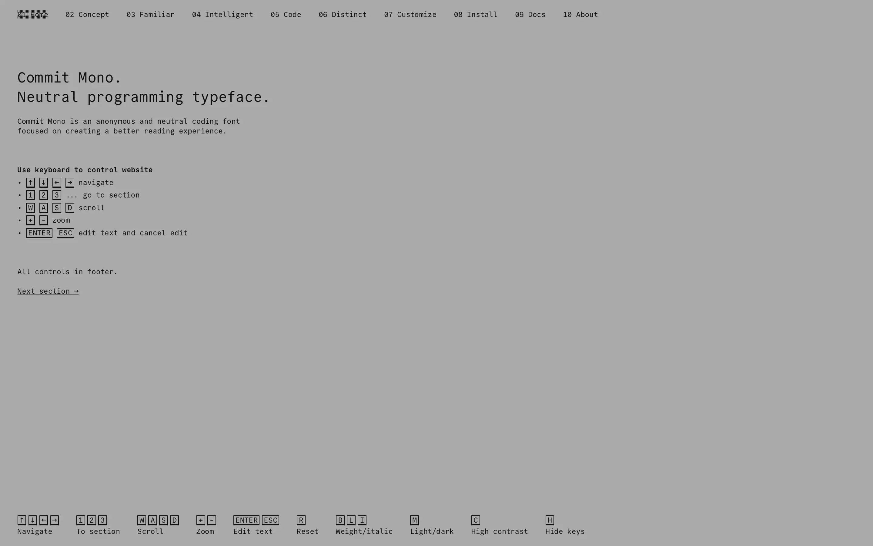 Commit Mono font website home page screenshot.