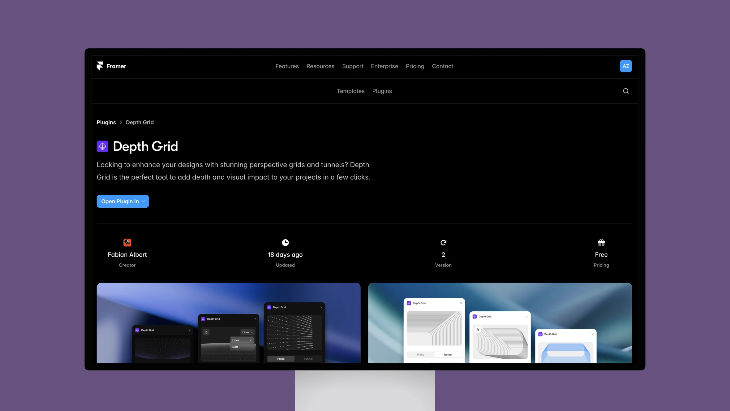 Screenshot of Depth Grid plugin page on Framer website