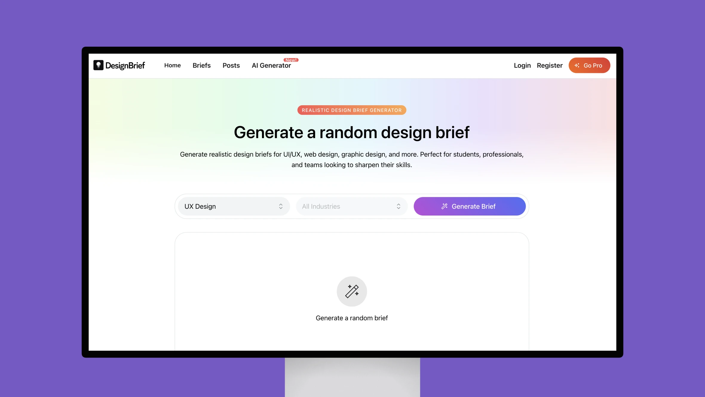 DesignBrief website with random design brief generator