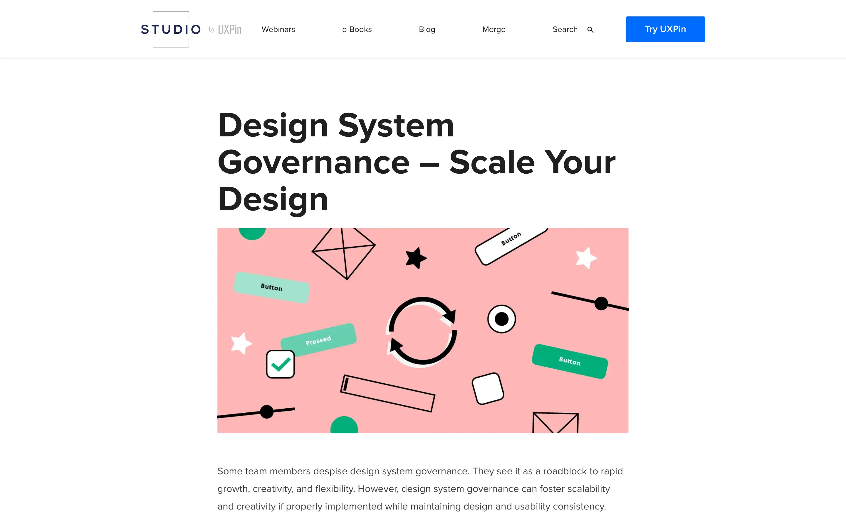 Design system governance illustration with geometric shapes.