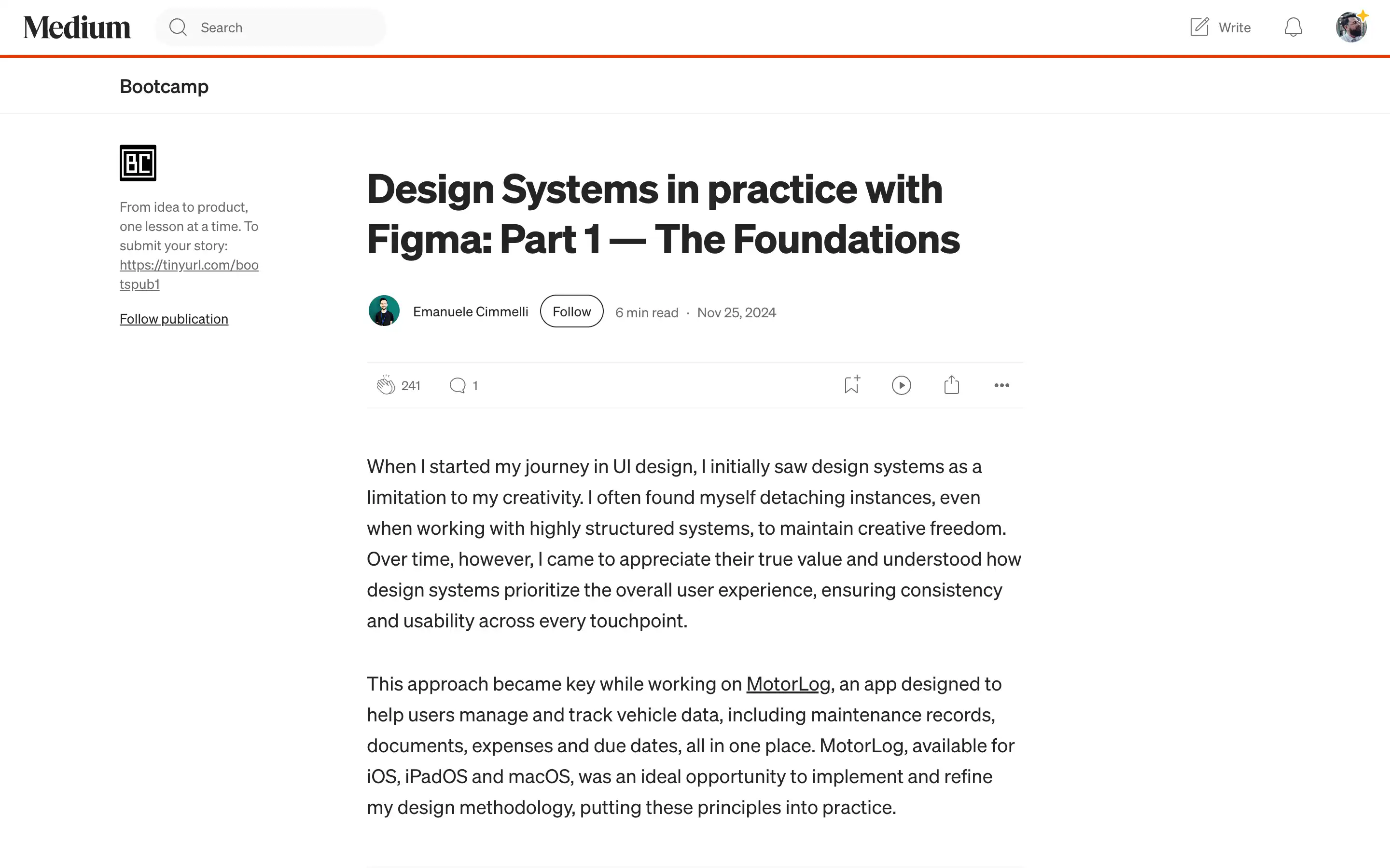 Medium article on design systems with Figma.